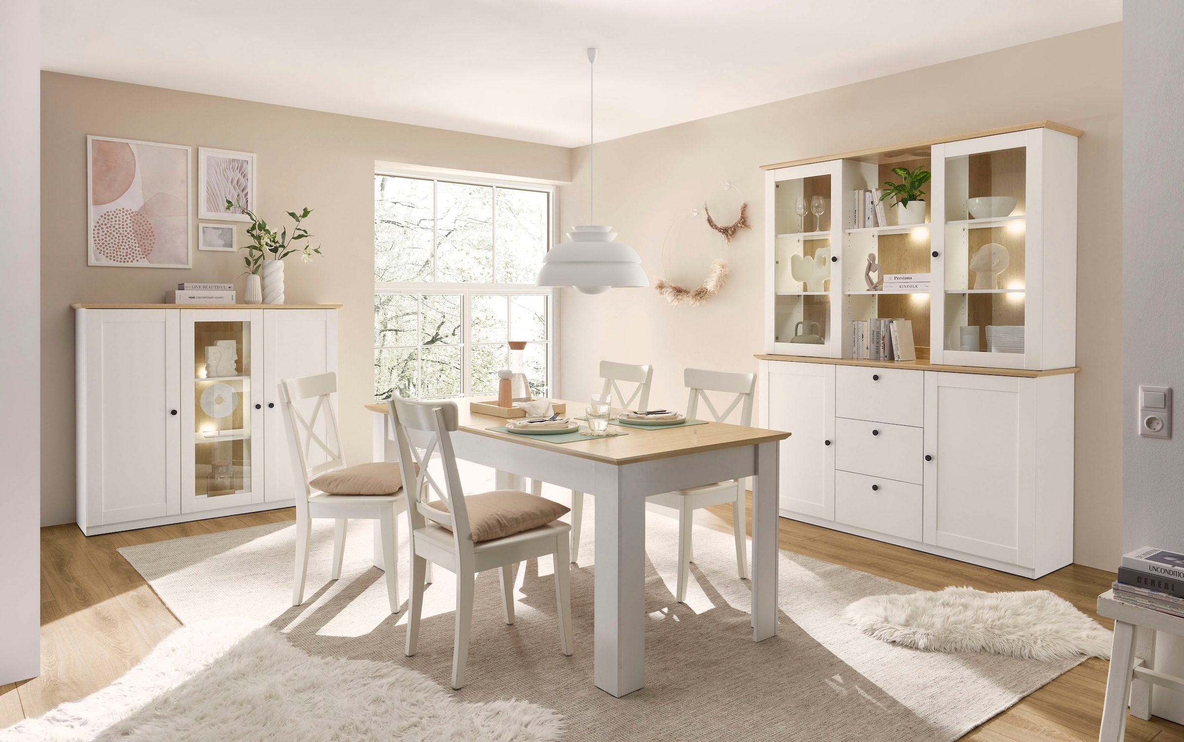 GOODproduct Buffet »Brest, Hochschrank im Landhausstil, Schrank, Küchenschrank« schwarze Metallgriffe, viel Stauraum, Glastüren, 164 cm breit