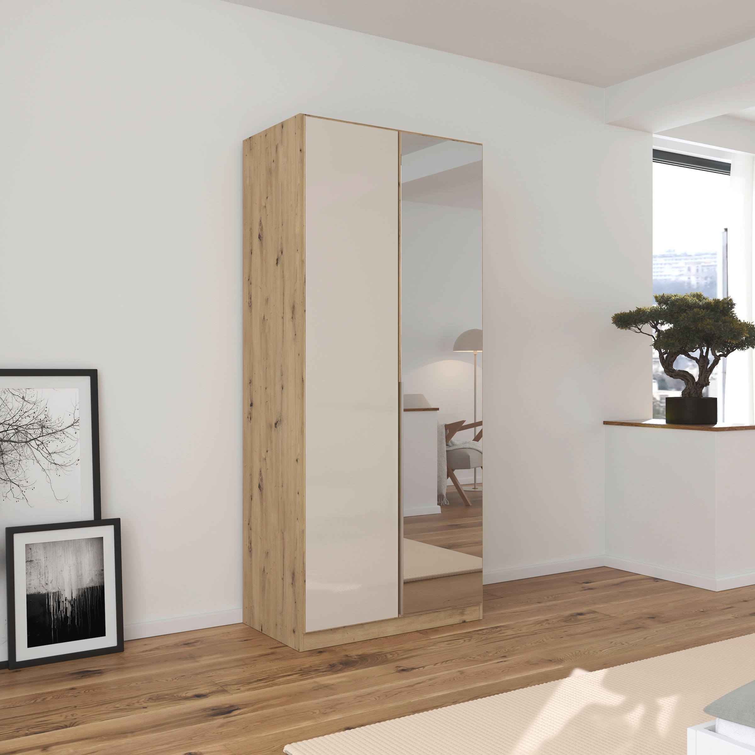 GOODproduct Drehtürenschrank »Kleiderschrank Schrank Garderobe AGORDO mit Glasfront und Spiegel« in zwei Griff-Farben, Breiten 91-405 cm,  durchdachte Innenausstattung, in 8 Breiten und 2 Höhen MADE IN GERMANY