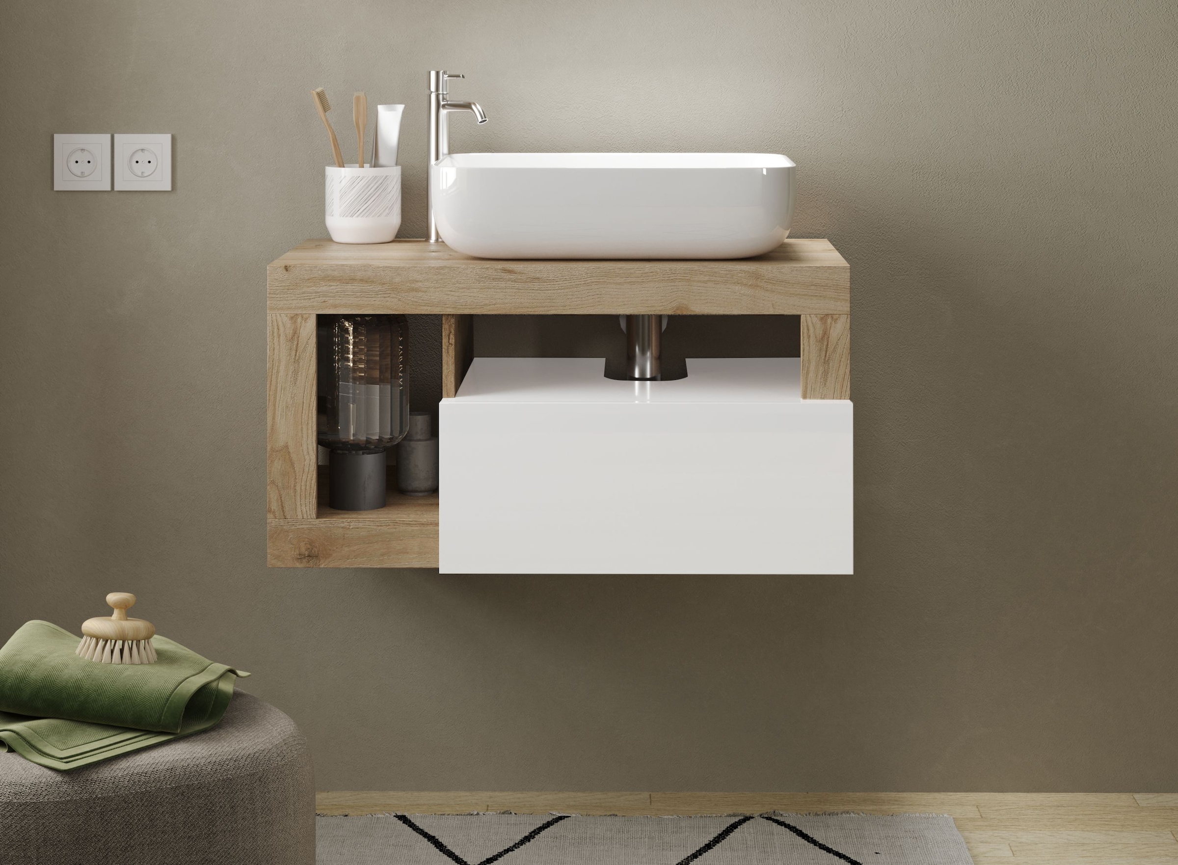 welltime Waschtisch »Hamburg« 1 Schubkasten, Breite 79 cm, Soft-Close, inkl. Keramik-Aufsatzbecken