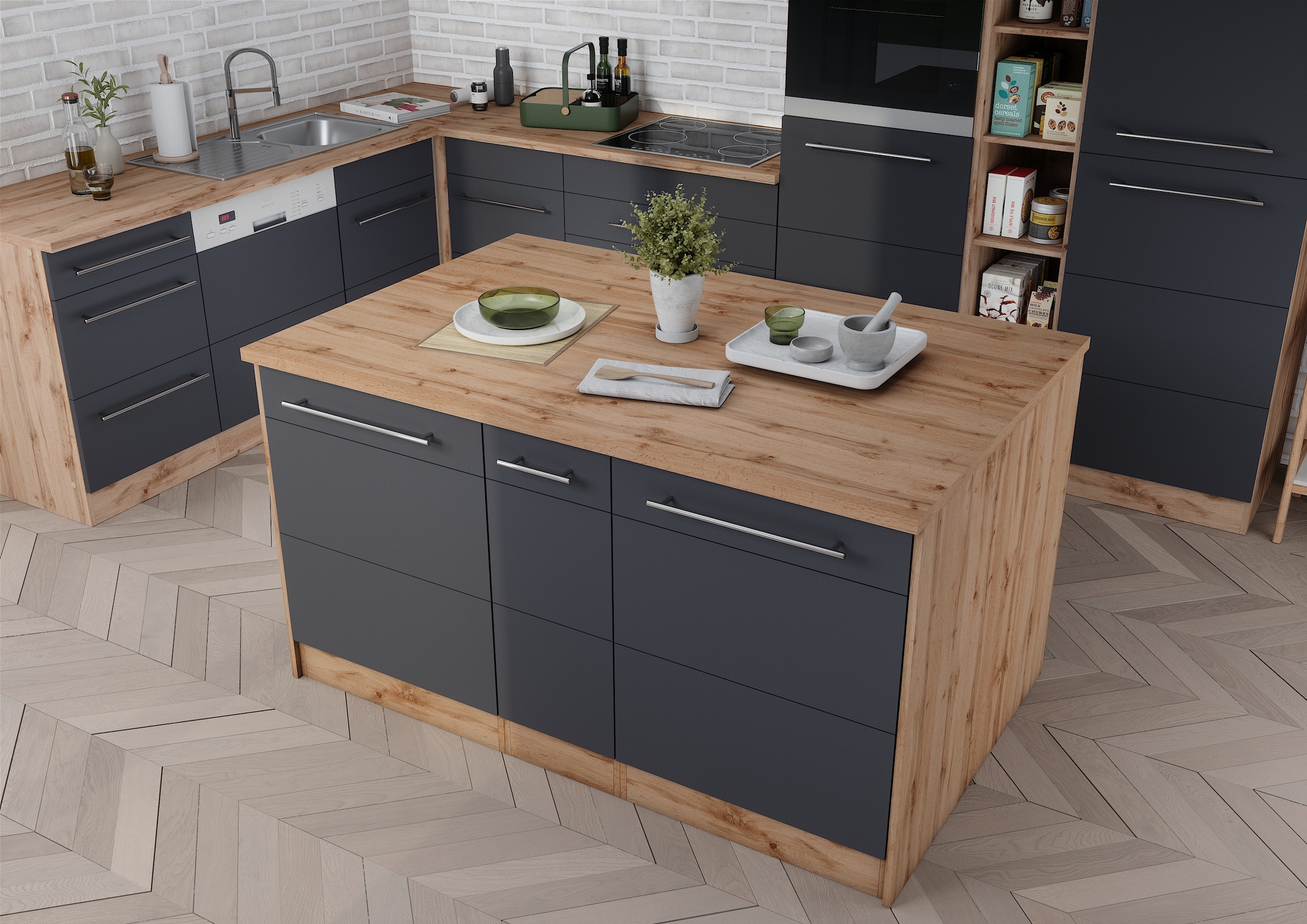 KOCHSTATION Ilot de cuisine »KS-Wien« largeur 153 cm, façades MDF, casier à bouteilles