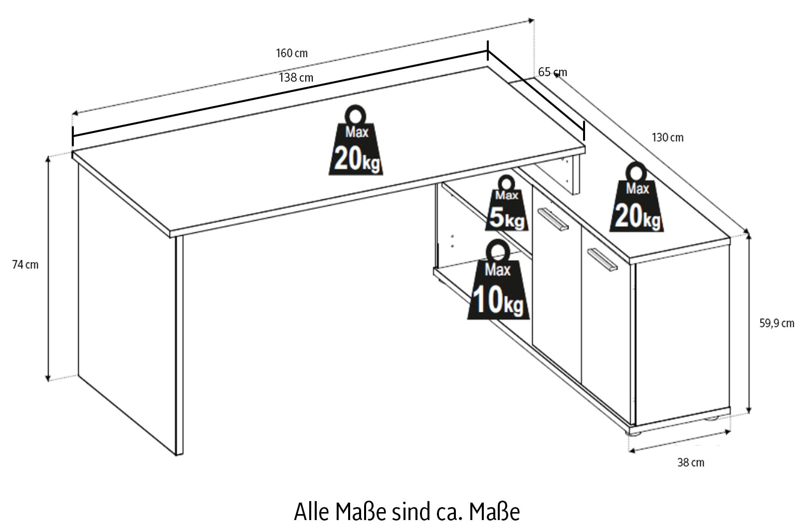 BEGA OFFICE Schreibtisch »Kanada, BxHxT 160x74x130 cm« 1 Stk. tlg. wechselseitig montierbar, Softclose für Türen, Breite: 160cm