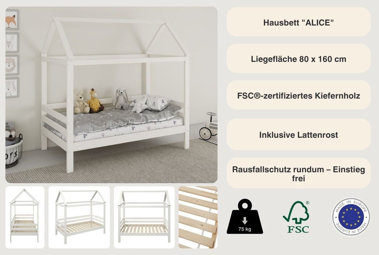 Lüttenhütt Hausbett »Alice, Bett, Made in Europe, FSC® zertifiziertes Massivholz« zertifiziertes Massivholz, inklusive Lattenrost