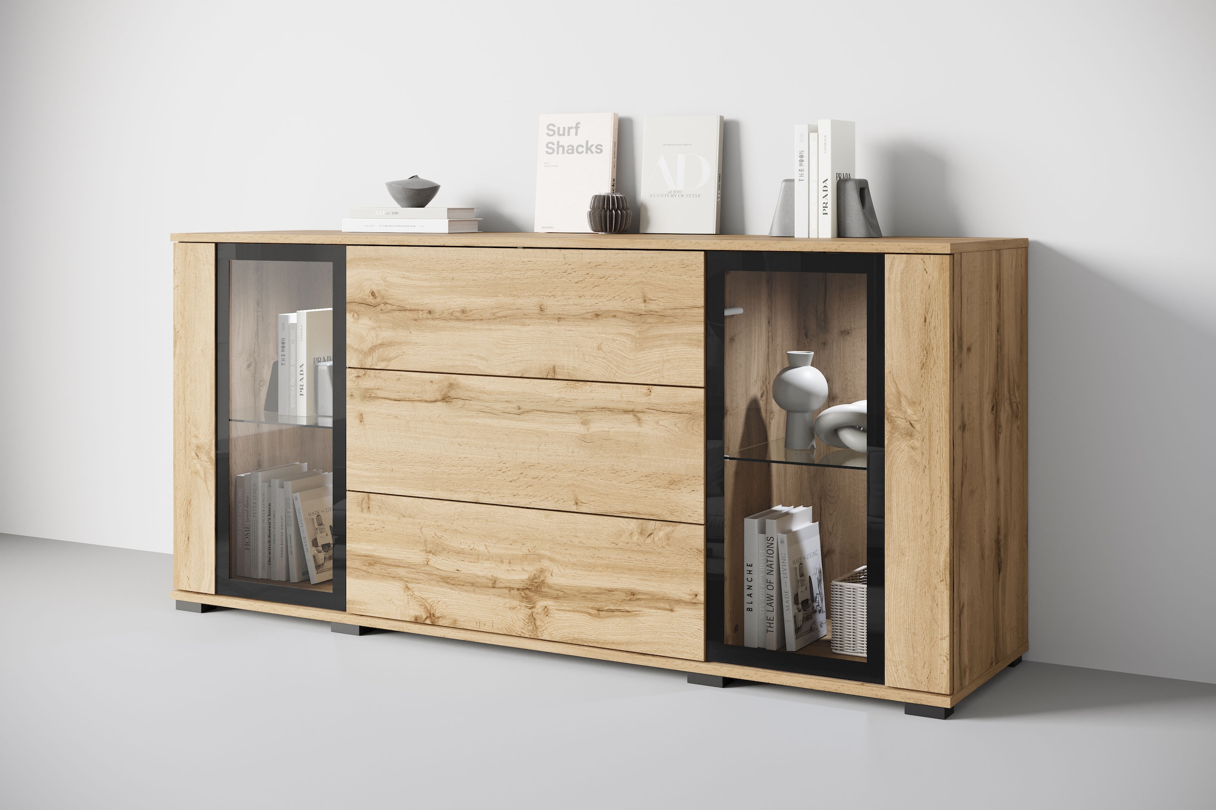 Home affaire Buffet »modernes Design mit Glaseinsätzen und 3 Schubladen, Breite 150 cm« 1 cuis tlg. façades sans poignées avec push-to-open, étagères réglables en hauteur,