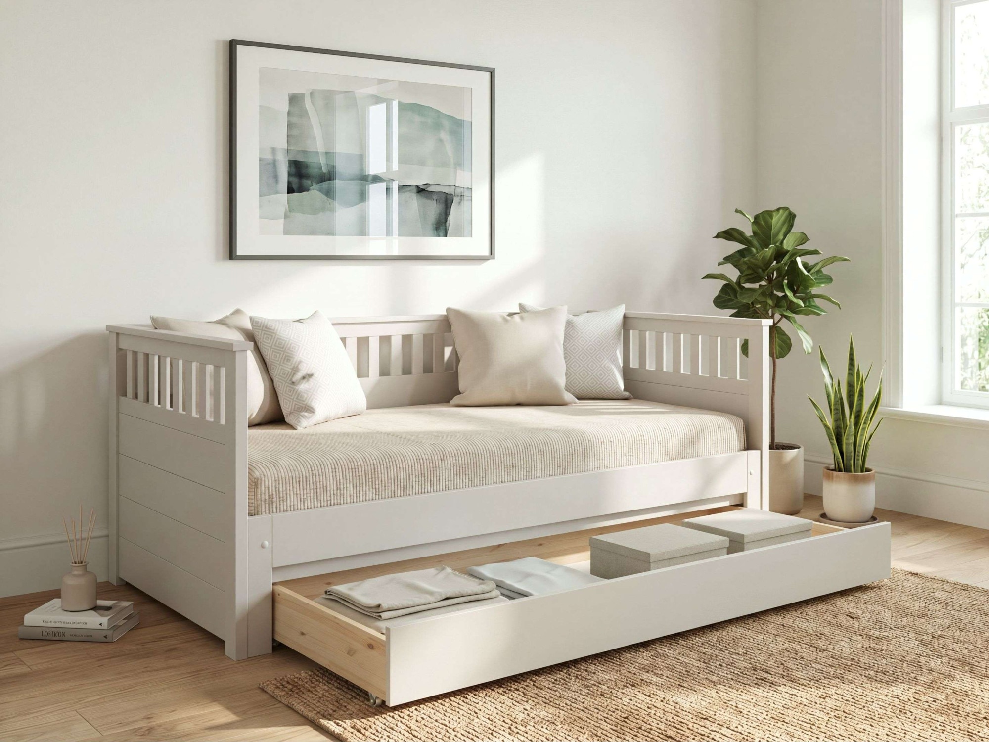 GOODproduct Lit de jour »Morrick, ausziehbar, 2 Schlafplätze + Schublade, Cashmere Beige« en pin massif et MDF, comprenant coffre de lit et sommiers à lattes,