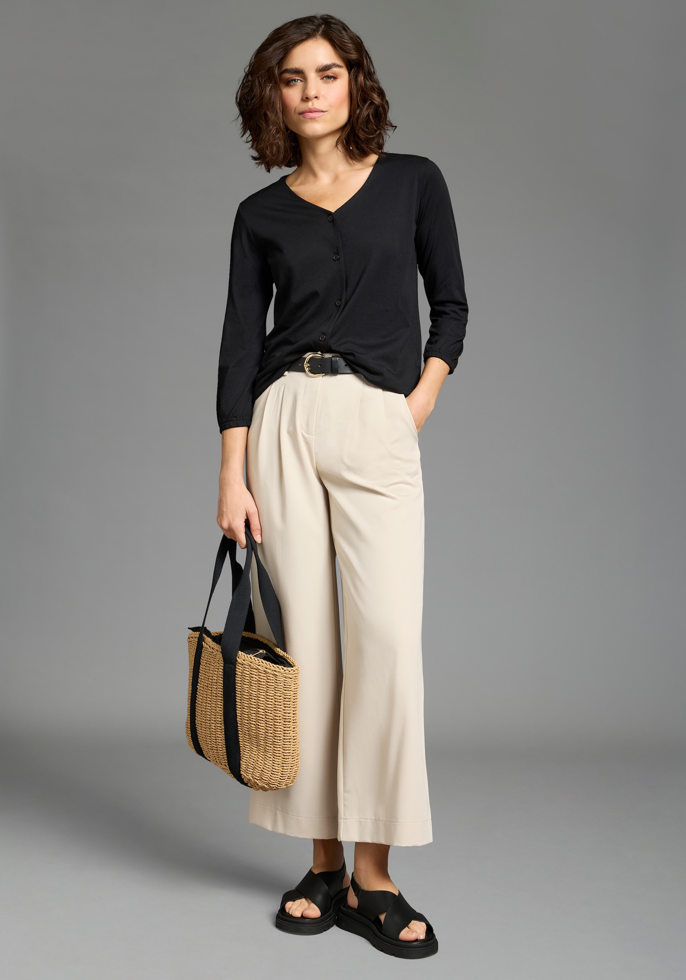 Laura Scott T-shirt à manches 3/4 Basic-Stil, mit V-Ausschnitt und durchgehender Knopfleiste