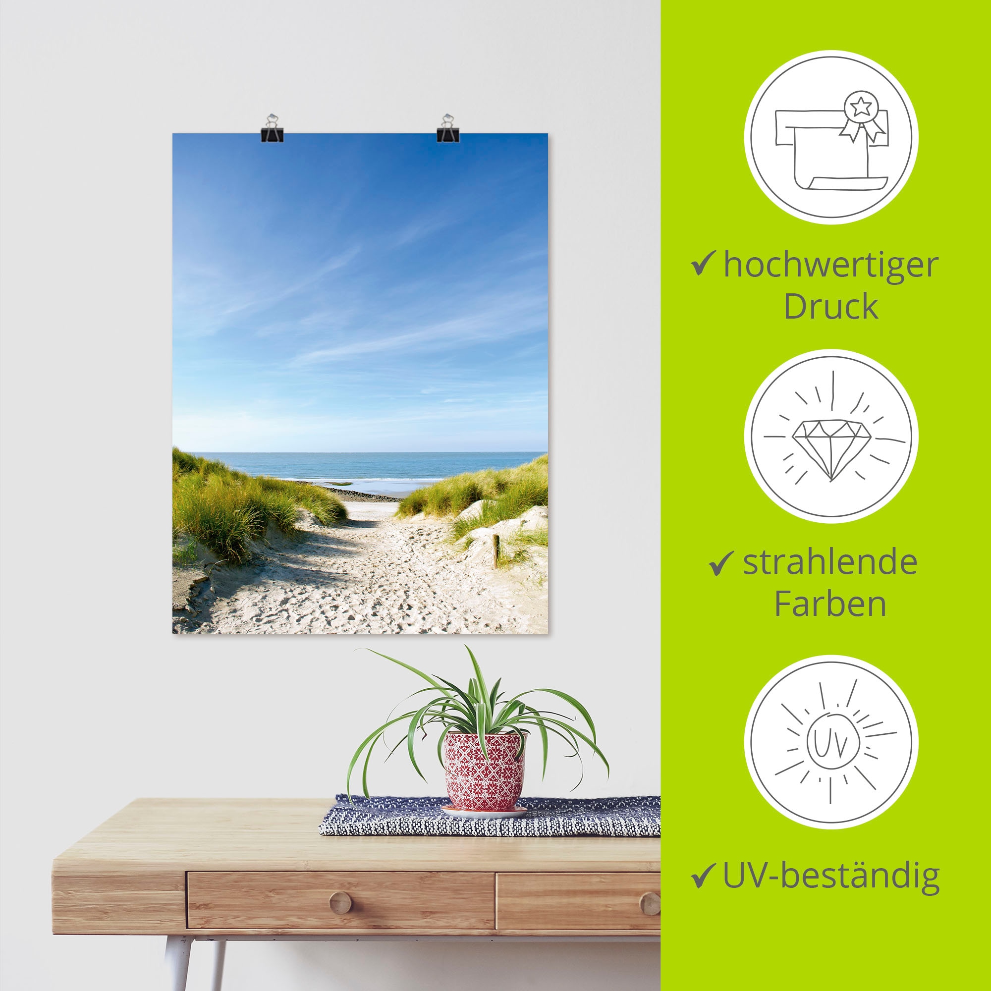 Artland Poster »Strand mit Sanddünen und Weg zur See« 1 cuis tlg. als Alubild, Outdoorbild, Leinwandbild, Poster, Wandaufkleber