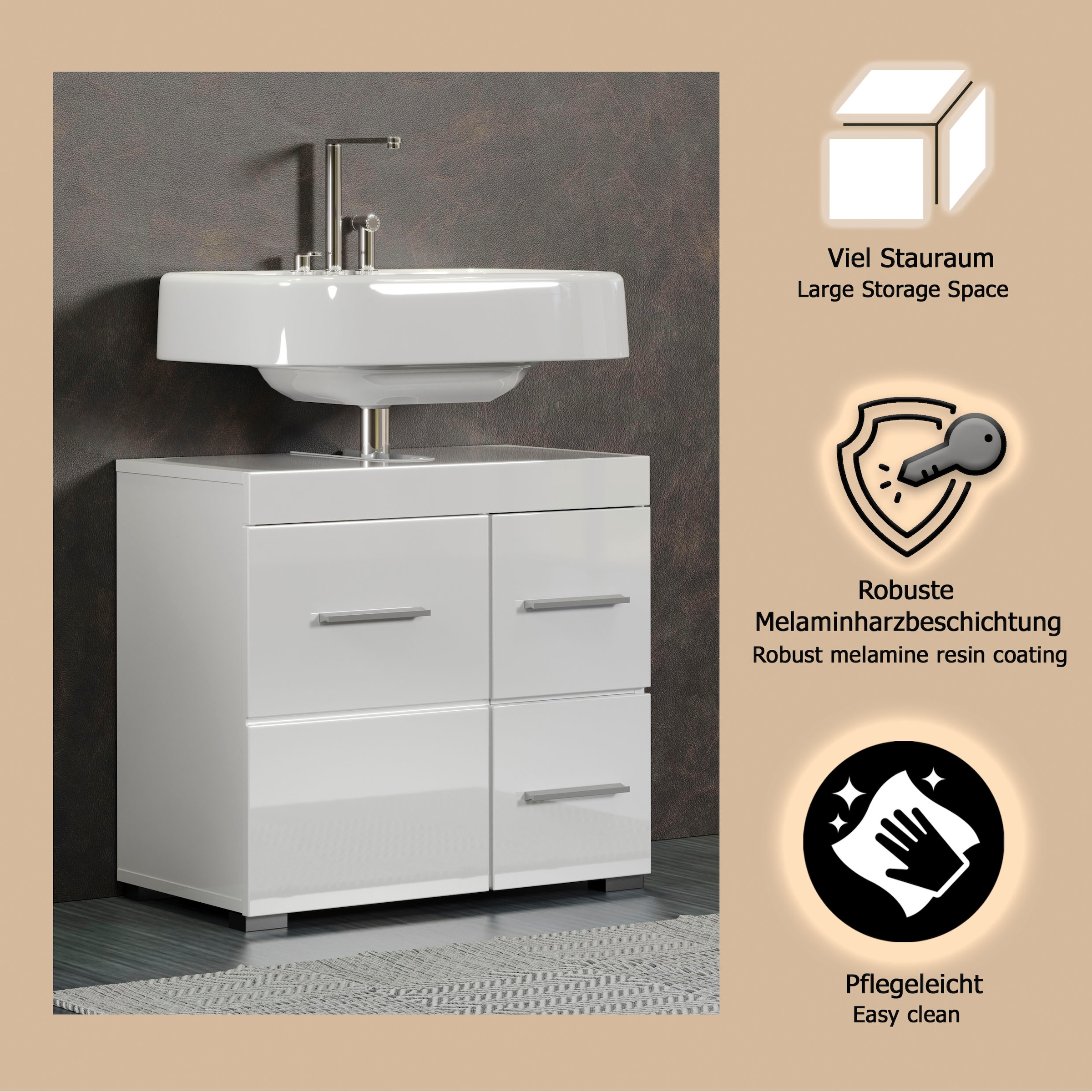 welltime Waschbeckenunterschrank »Avena« 1 Stk. tlg. Badezimmerschrank mit Tür & Schubkästen – (B/T/H) 60/34/56 cm