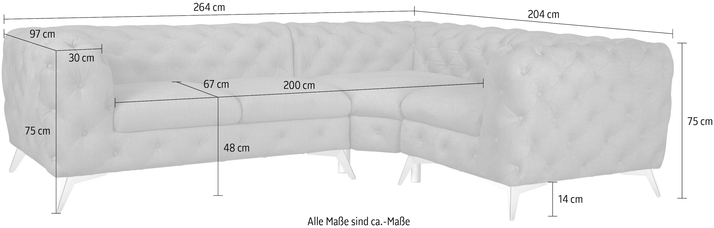 Home affaire Canapé Chesterfield »Ecksofa GLYNIS L-Form mit Wellenunterfederung, Masse B/T/H 264/204/75cm« aufwändige Knopfheftung, moderne Chesterfield Optik, Fussfarbe wählbar