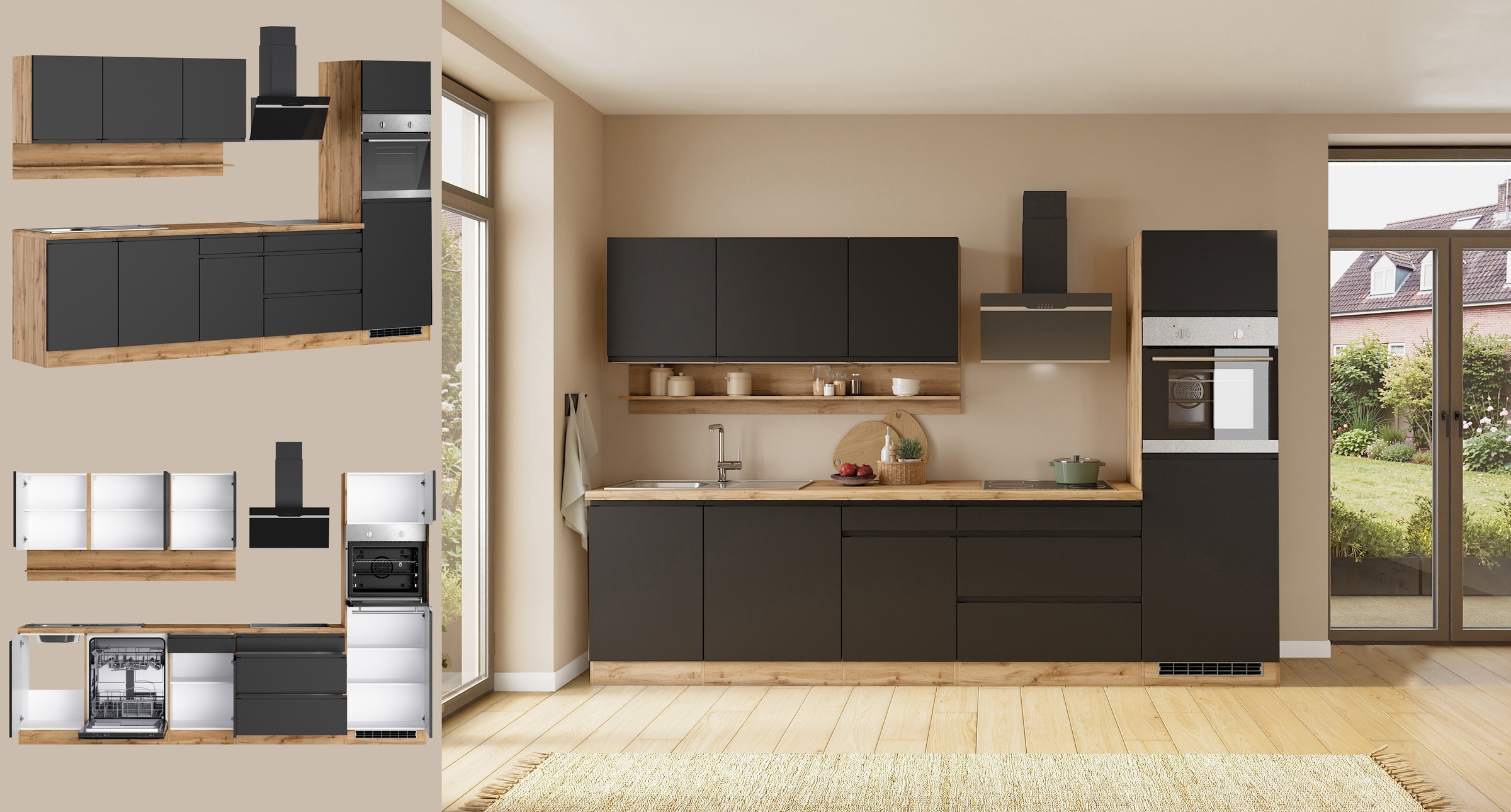 KOCHSTATION Kitchenette »KS-Virginia,neu in verbesserter Ausführung« plan de travail épaisseur 38 mm, rangement, fermeture douce,  largeur 300 cm, fermeture douce, avec appareils électriques en option