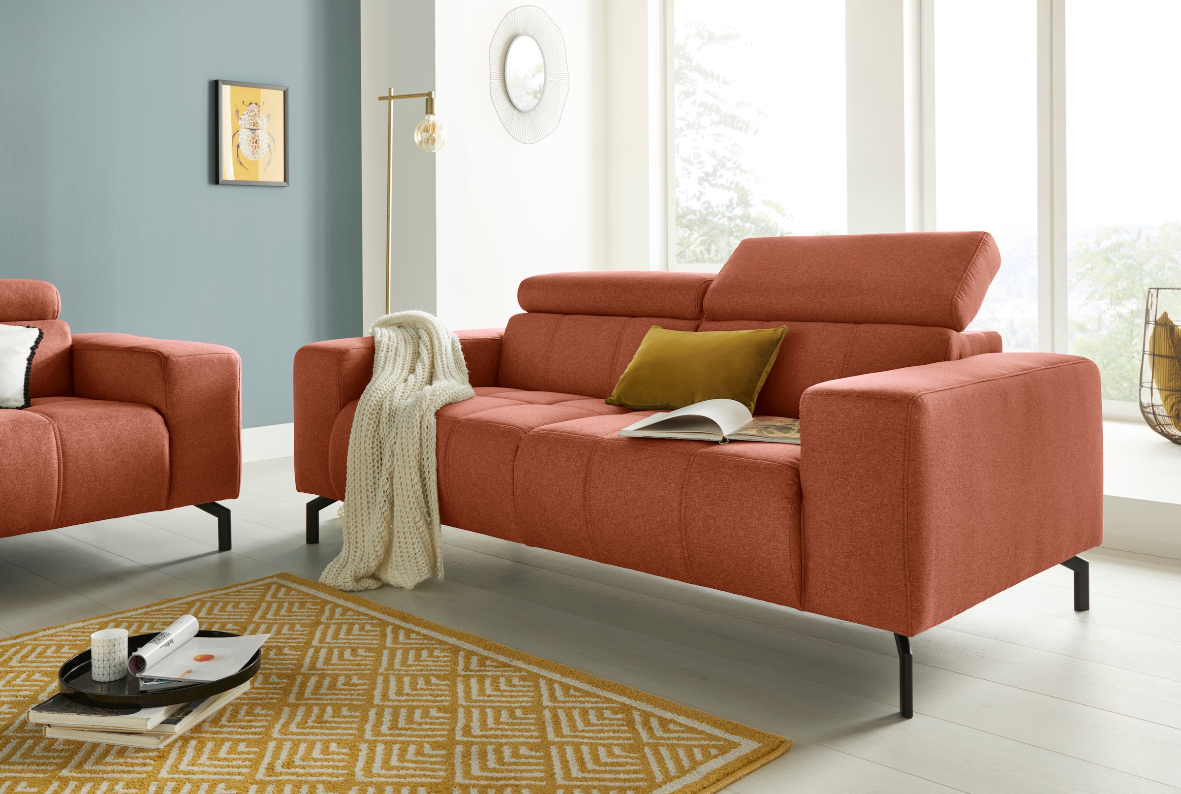 DOMO collection 2-Sitzer »Cunelli zeitlos und elegant, moderne Sitznähte als Designelement,« wahlweise mit 6-fach verstellbaren Kopfteilen, fester Sitzkomfort