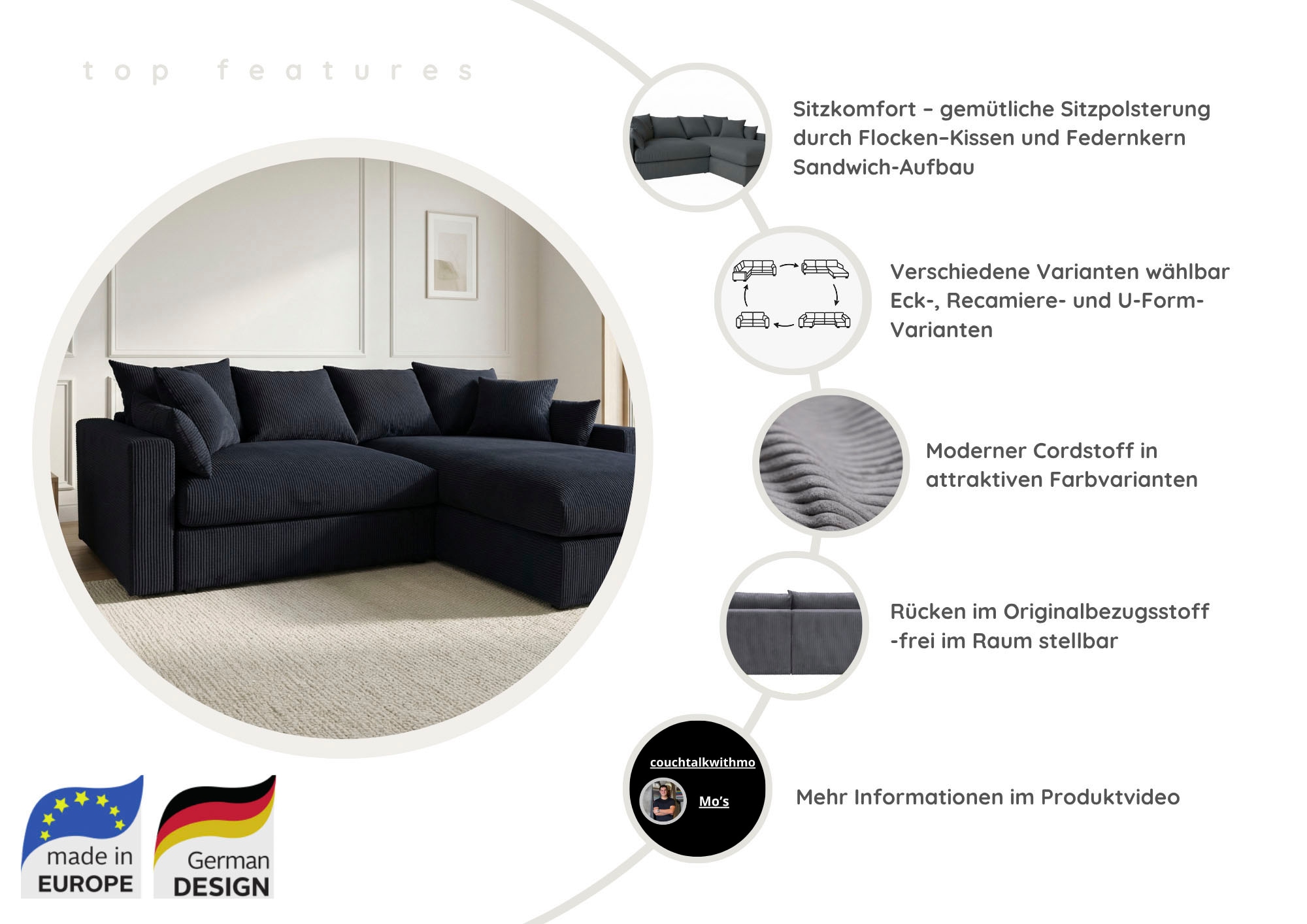 GOODproduct Canapé d'angle »Cosy Lounge L-Form, Breite 268 cm« méga canapé recouvert de velours côtelé, avec ressorts et 5 coussins décoratifs