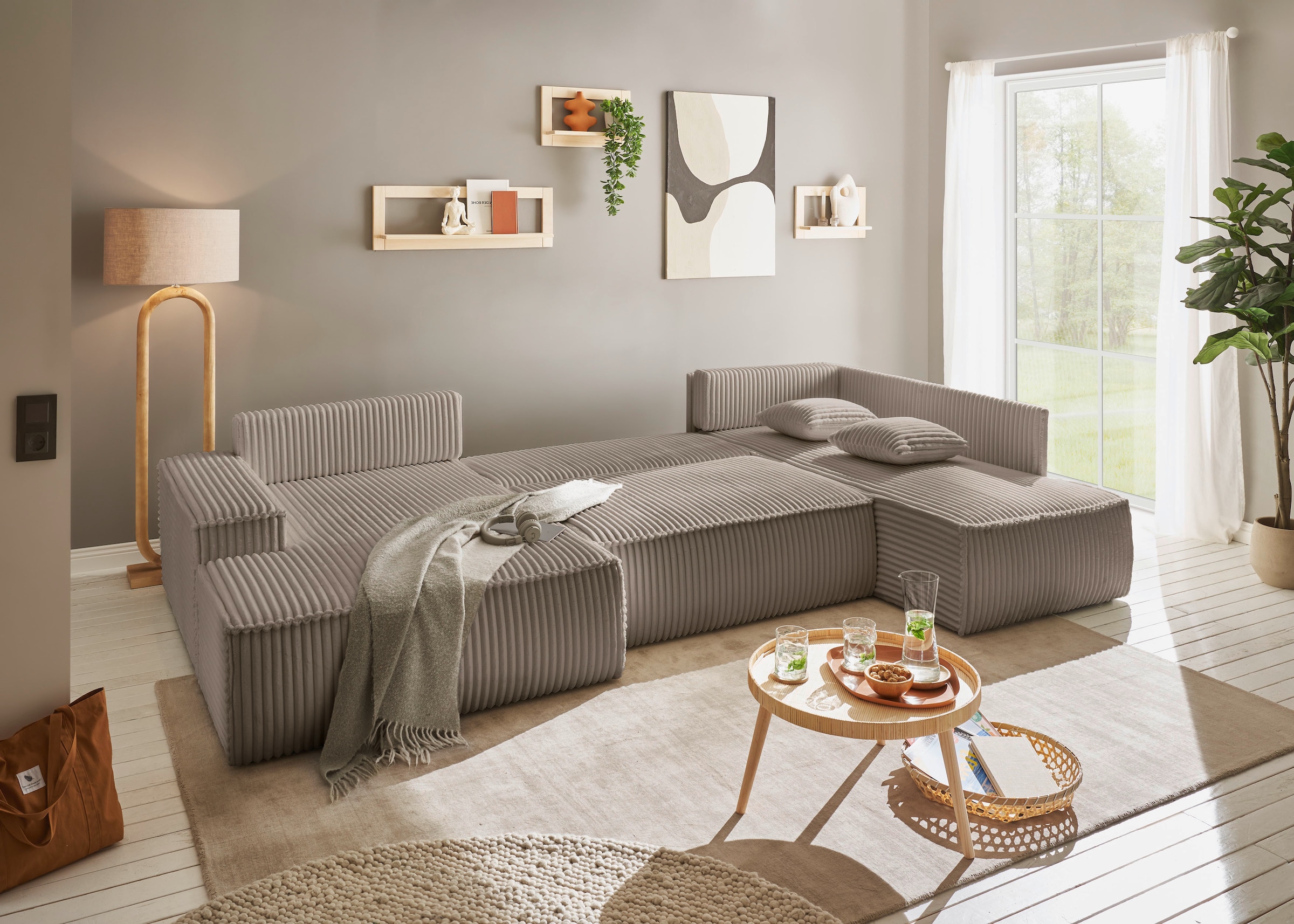 GOODproduct Wohnlandschaft »FINNLEY  Cord U-Form XXL 329 cm - OTTO. Verlässliche Qualität.« Schlafsofa, Bettkasten, in Bouclé, Struktur fein und Mega Cord
