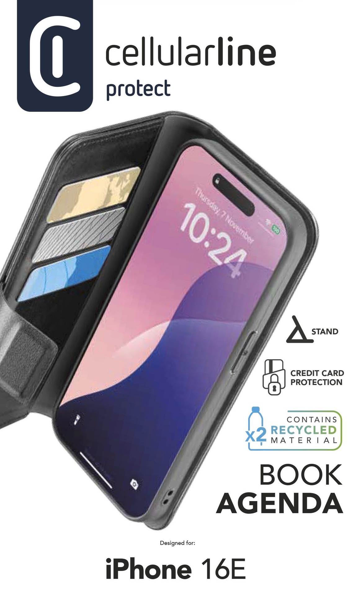 Cellularline Handyhülle »Book Agenda 2 Case für Apple iPhone 16e« Apple iPhone 16e Backcover, Schutzhülle, Handyschutzhülle, Case, Schutzcase, stossfest