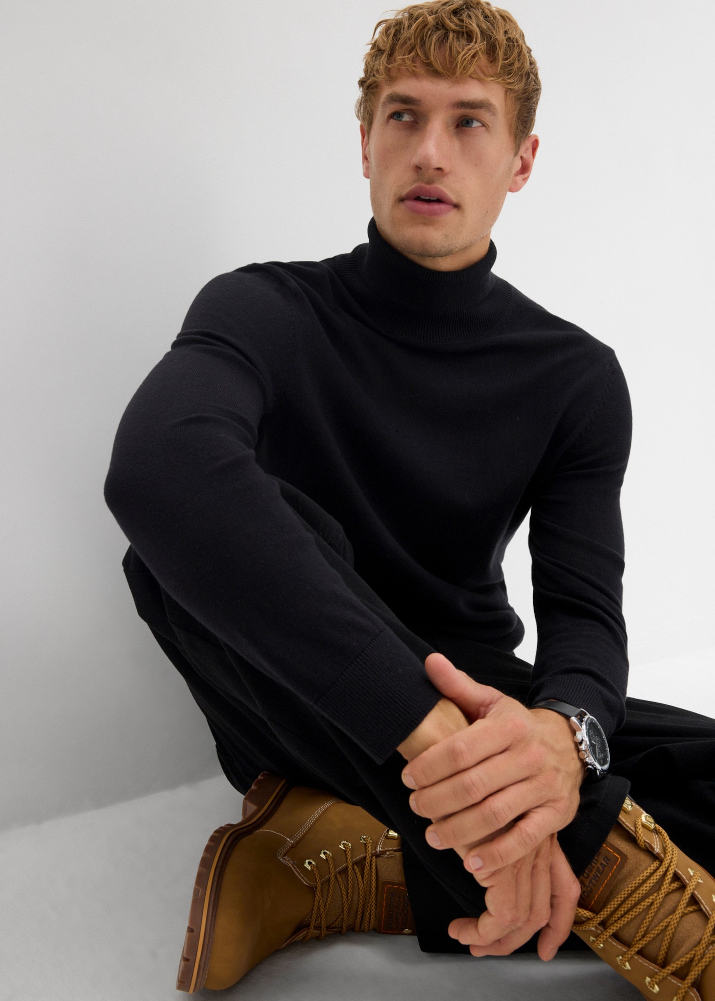 bonprix Pull à col roulé style élégant, en coton et laine, coupe slim fit