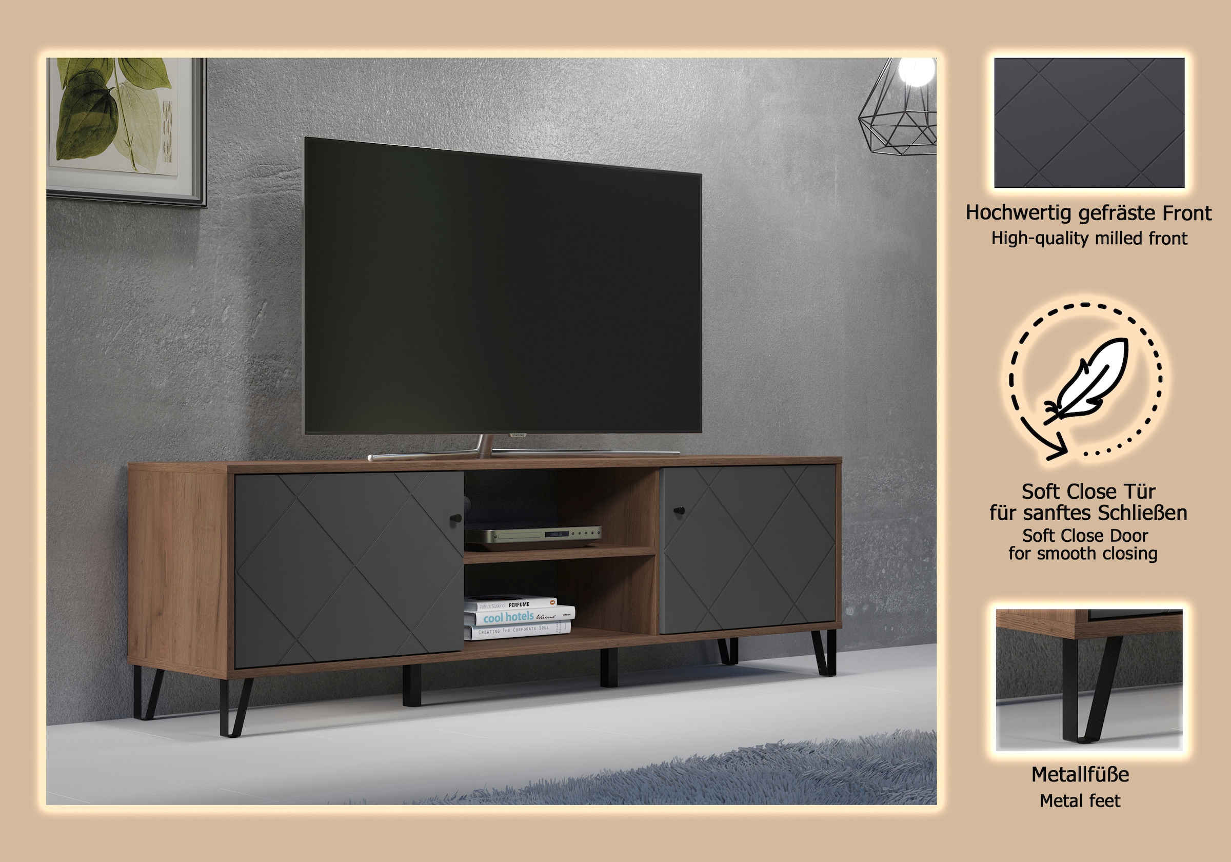 PLACES OF STYLE Lowboard »Molveno« 1 Stk. tlg. TV-Unterteil mit 2 Türen & 2 Fächern - (B/T/H) 183/40/56 cm