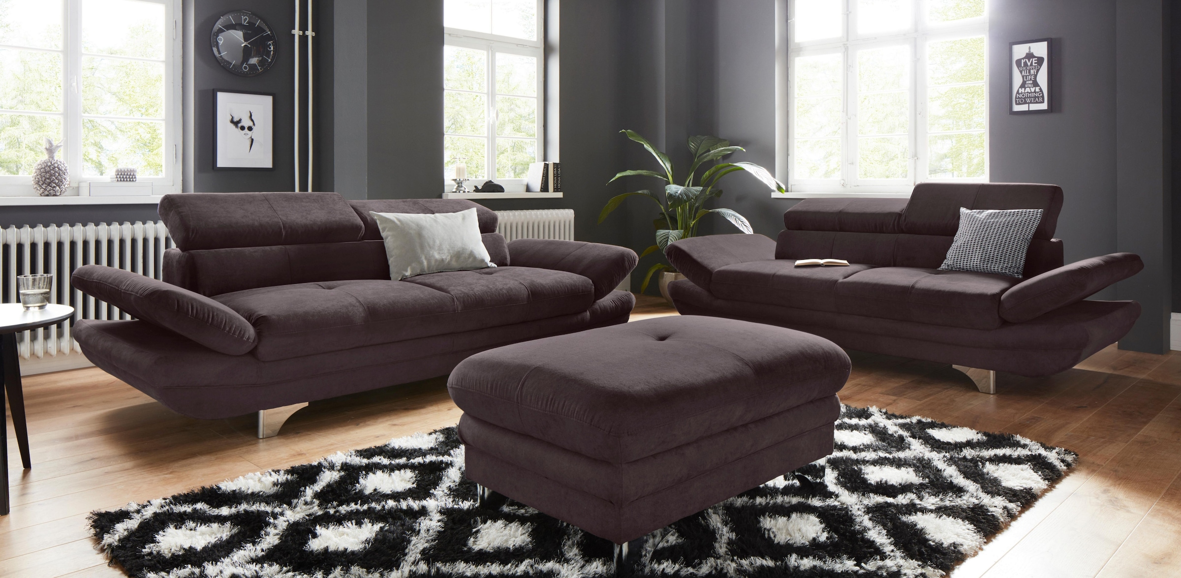 COTTA Ensemble rembourré »Enterprise« Set,  Set bestehend aus: 2-Sitzer mit Kopfteilverstellung & Hocker