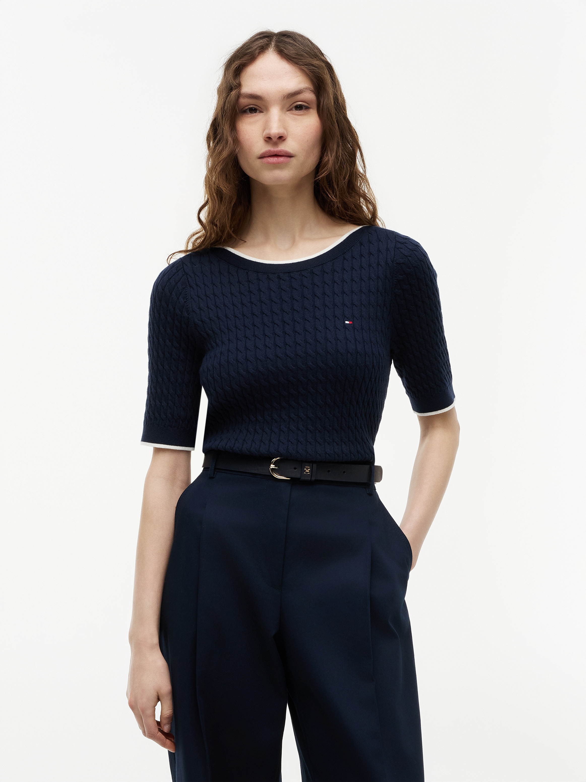Tommy Hilfiger Pull à manches courtes »FINE GG CABLE BOAT NK S/S« Coton, avec motif torsadé