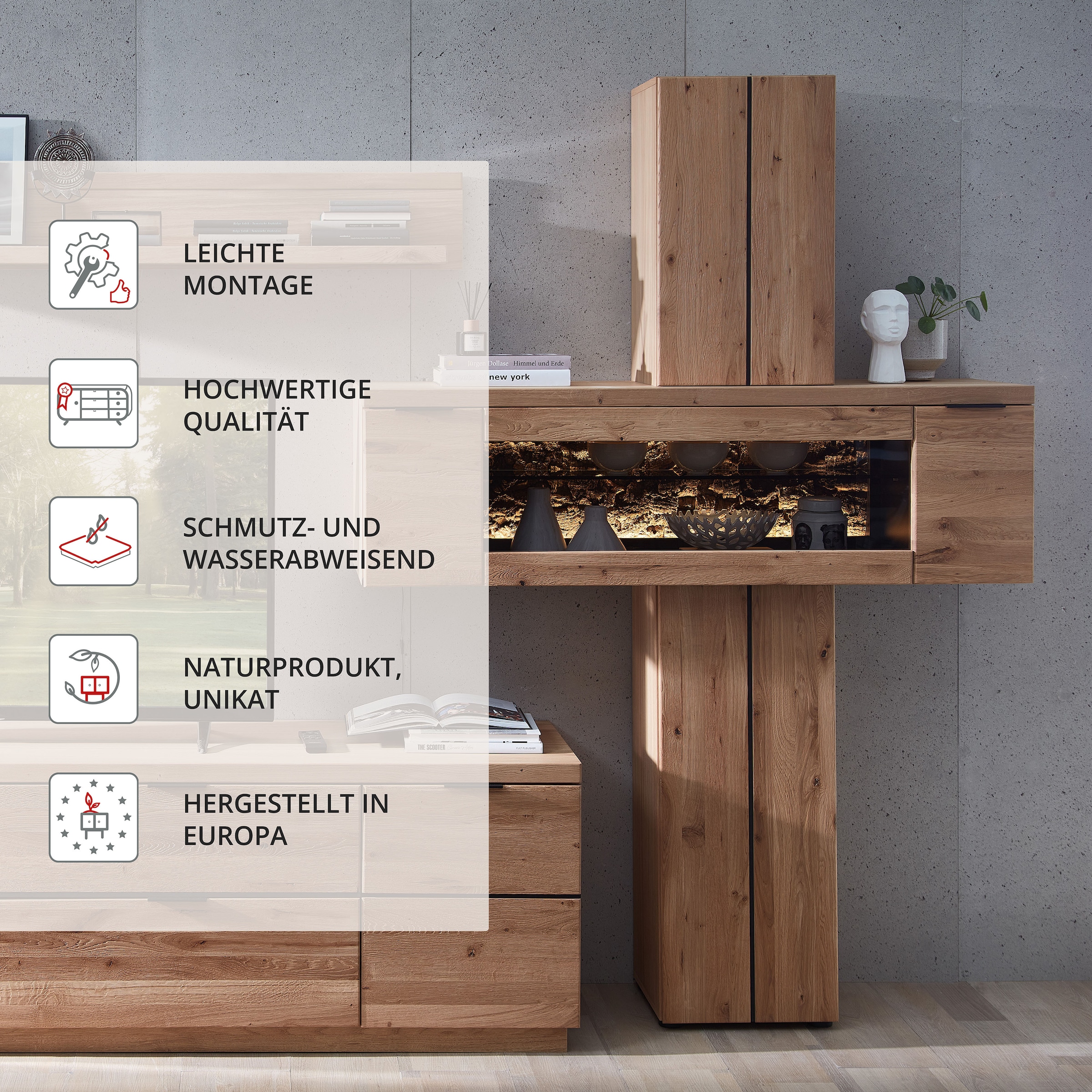 Wohnconcept Vitrine de rangement »Donna Stauraum-Säule, 140x203x42 (BxHxT)« 1 cuis tlg. Beleuchtung bestellbar, 2 türig, Echtkork Absetzung, L/R verwendbar