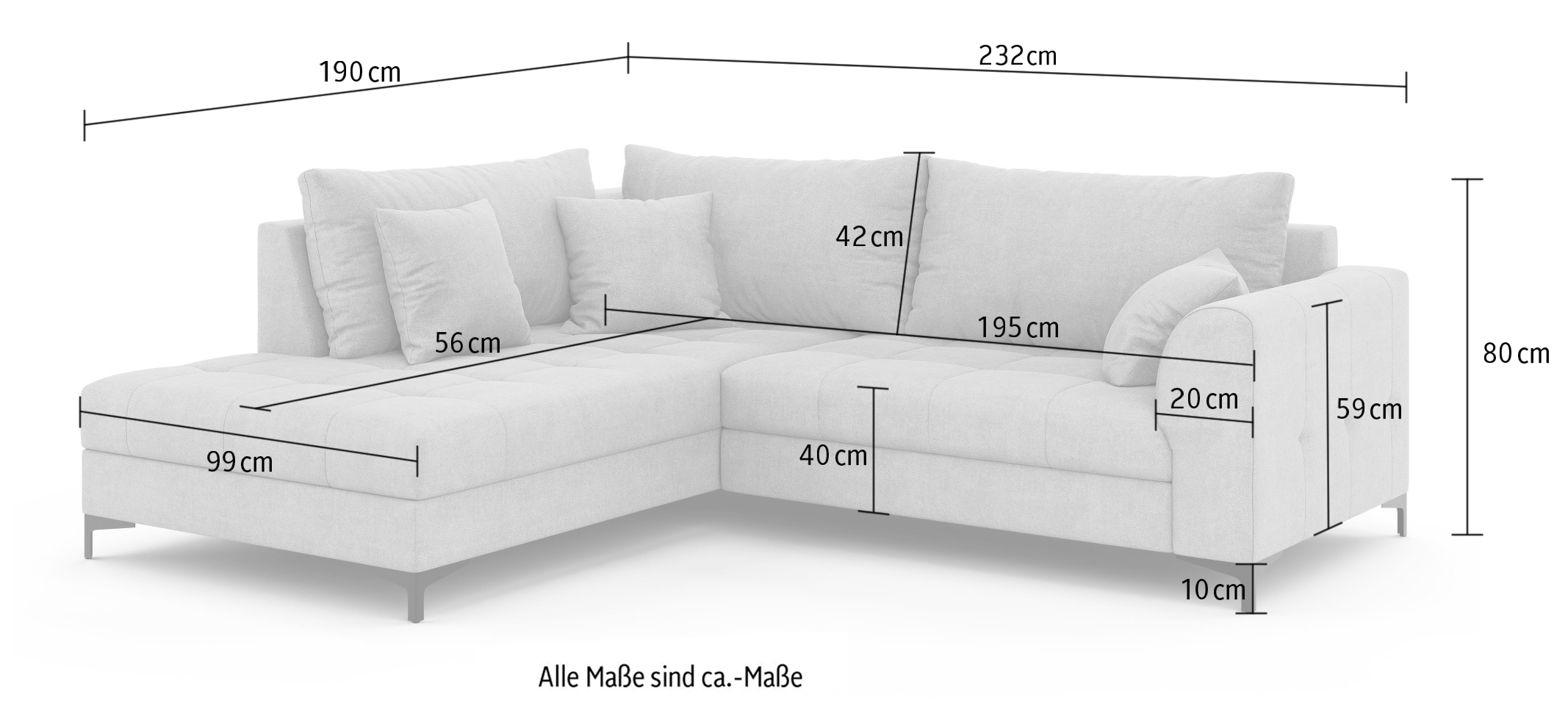 GOODproduct Canapé d'angle »LEEVKE Design-Sofa mit Ottomane rechts/links bestellbar, Breite 232 cm« in vielen modernen Farben erhältlich, belastbar bis 480 kg