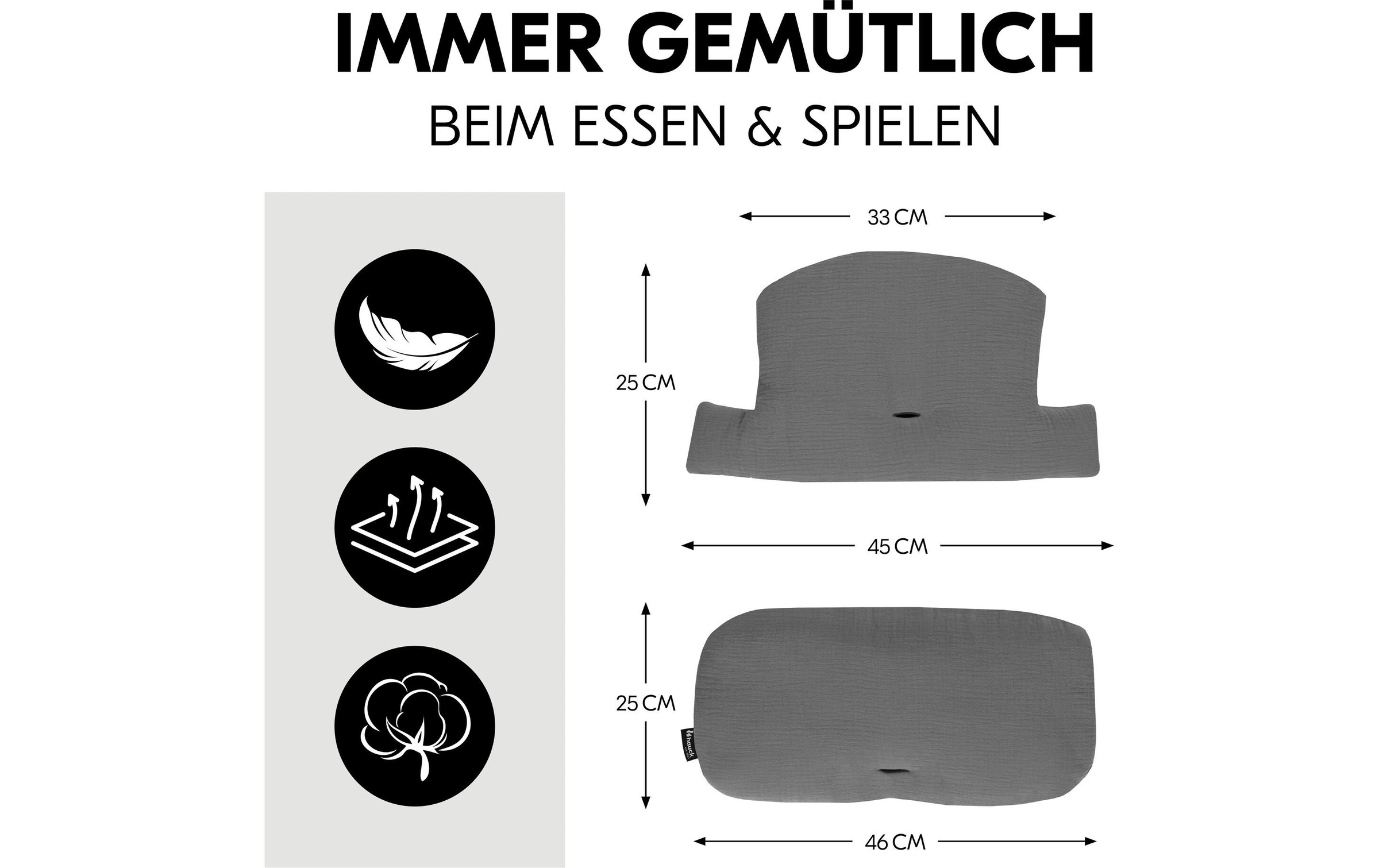 Hauck Housse de siège pour enfant »Highchair Pad Select Muslin, dark Grey« pour les chaises hautes en bois hauck Alpha+, Beta+ et Arketa