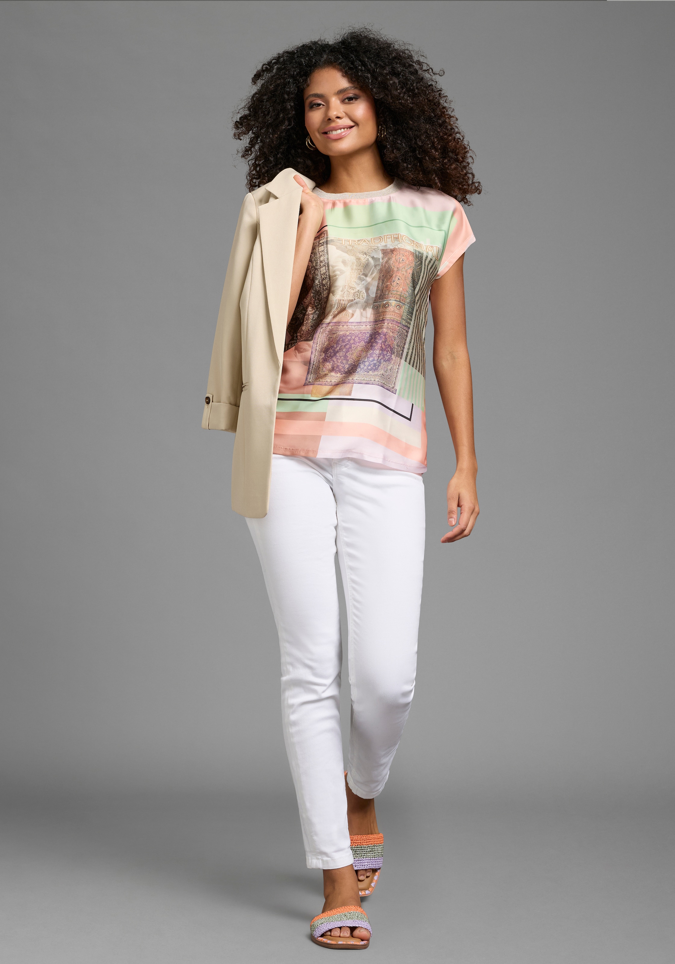 Laura Scott Shirtbluse Kurzarm, U-Boot-Ausschnitt, Materialmix aus Satin und Jersey