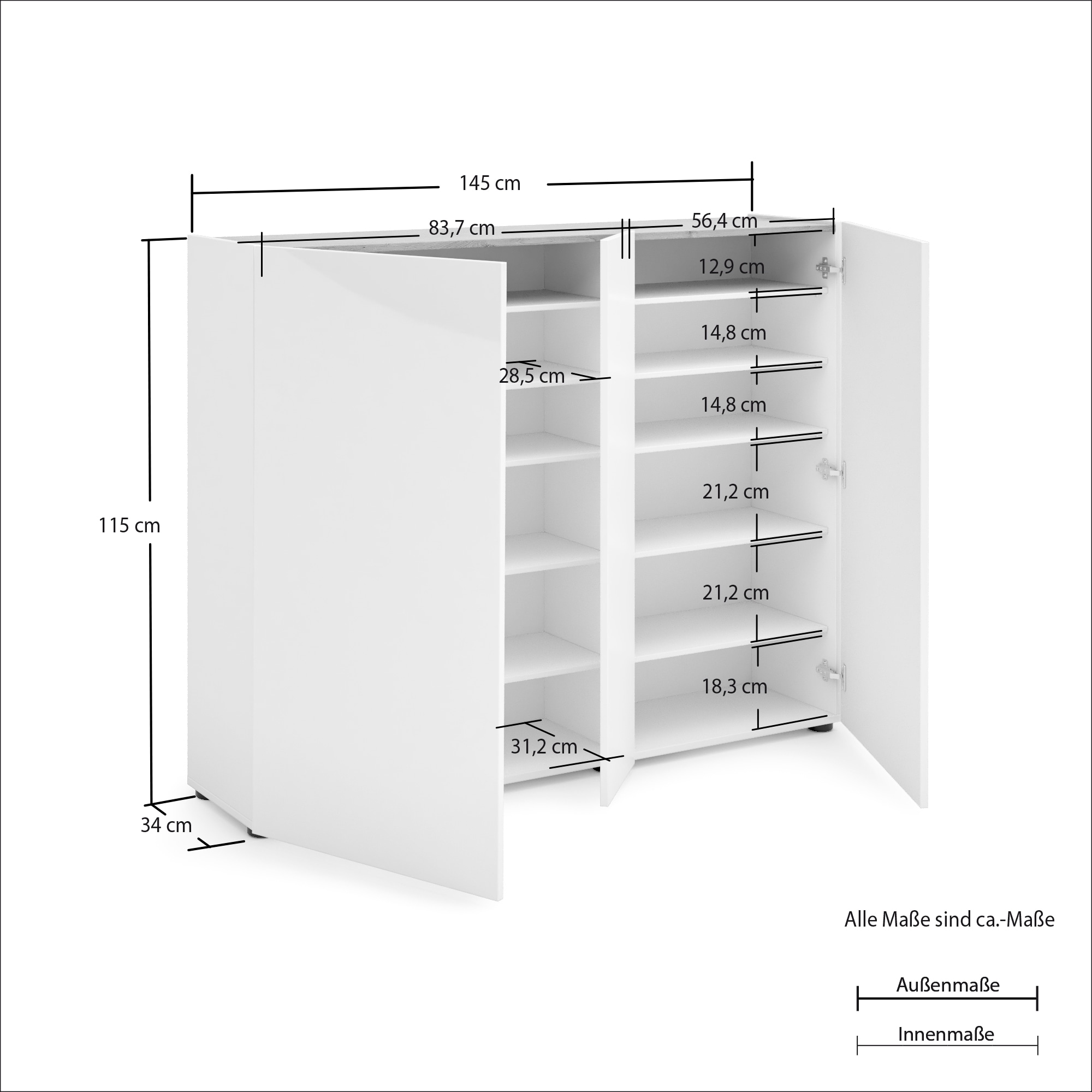 Home affaire Schuhschrank »RUMBA,Schuhkommode,Schuhmöbel,Schuhablage,Schuhregal ca.30 paar Schuhe« 1 Stk. tlg. 3 Türen, 10 Einlegeböden, 12 Fächer, Seiten und Fronten in Hochglanz