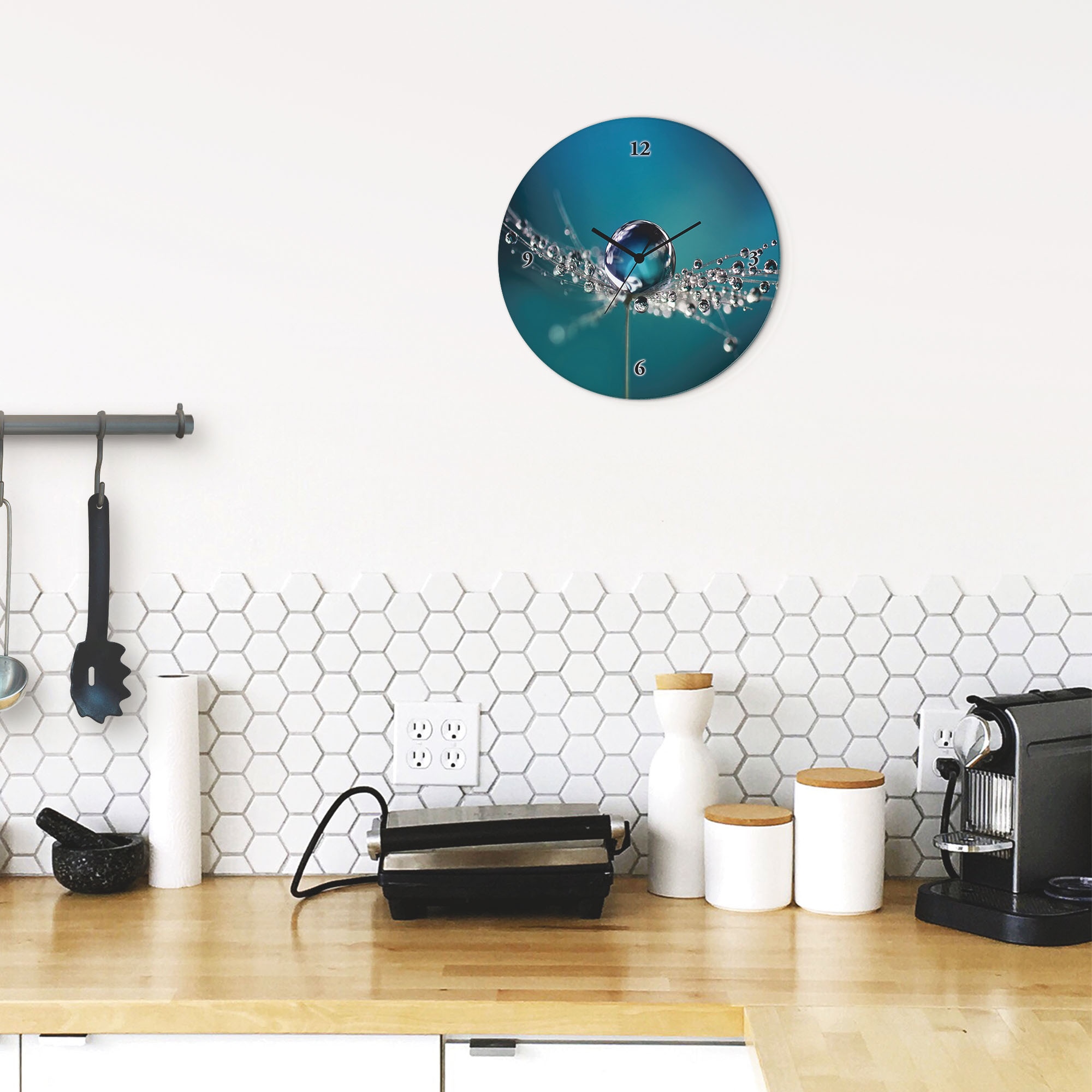 Artland Wanduhr »Glasuhr rund Pusteblume Tautropfen blau« wahlweise mit  Quarz- oder Funkuhrwerk, lautlos ohne Tickgeräusche