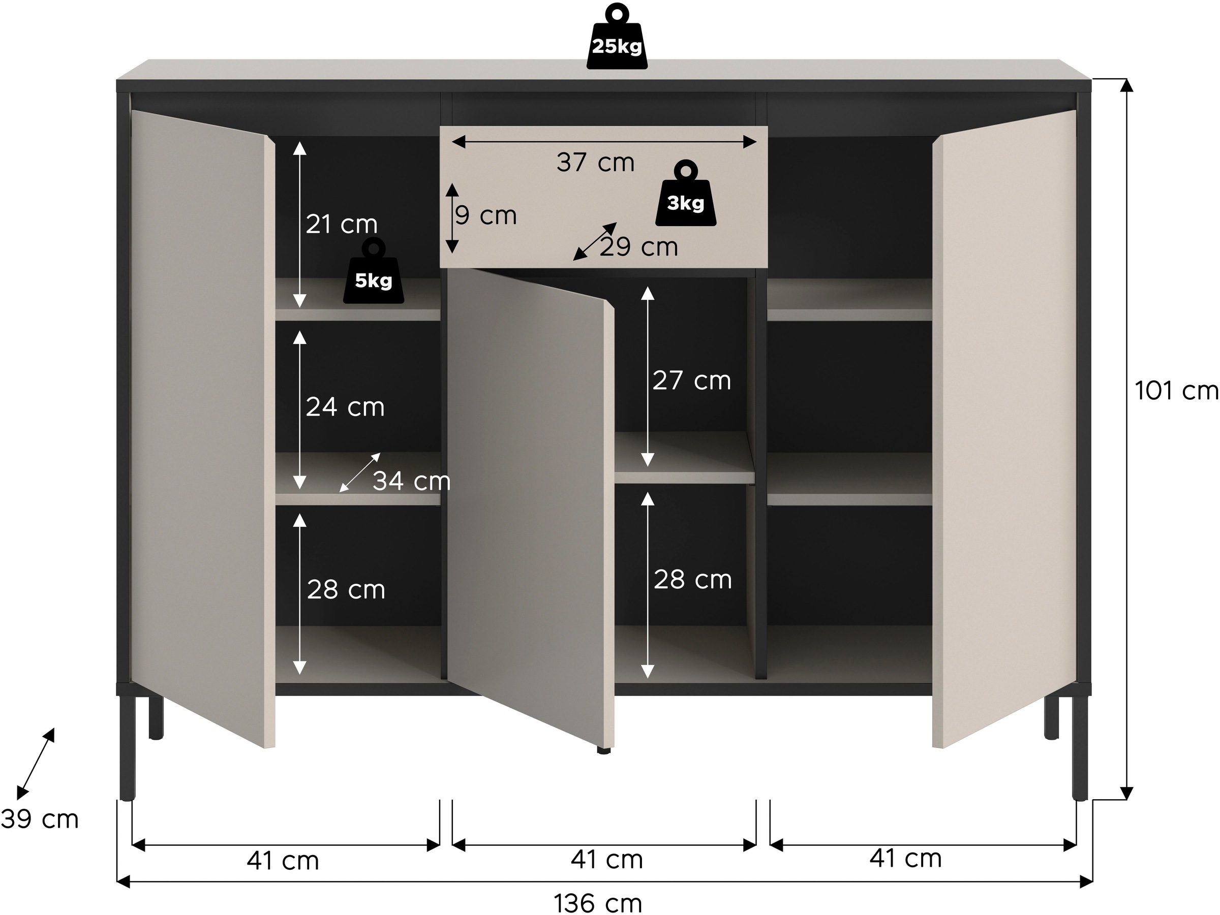 Home affaire Sideboard »NORT, Höhe: 101cm, mit Metall Stabfuss, 3 Türen, 1 Schubkasten« Anrichte, Kommode, Schrank, Board, Higboard