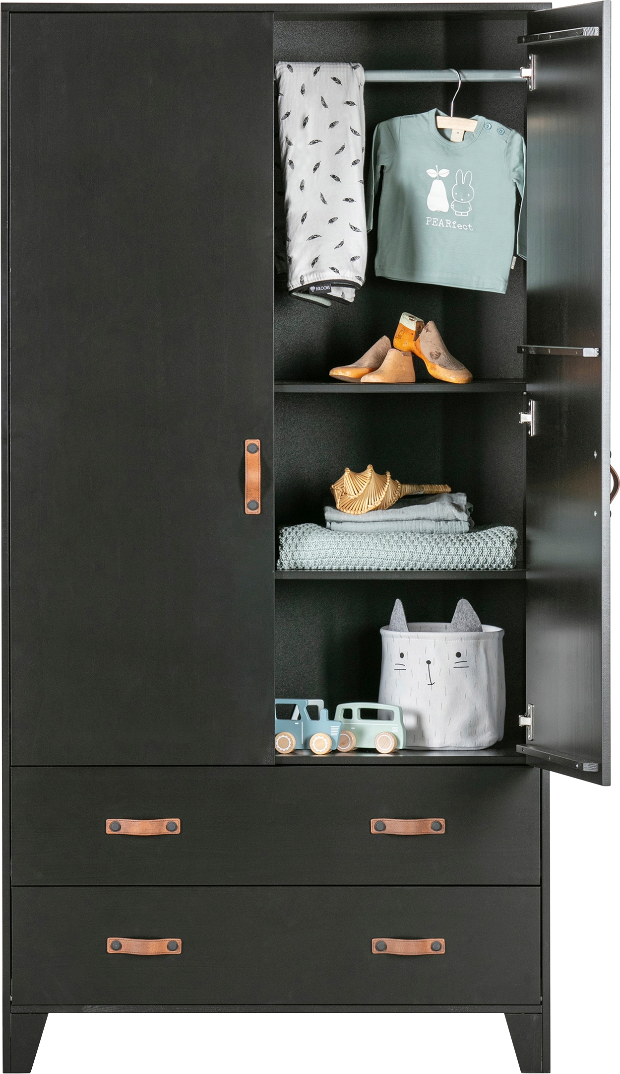 WOOOD Garderobenschrank »Dian FSC®-Kiefernholz mit Ledergriffe, H 180 x B 94 x T 40 cm« Schutzlackierte Oberfläche, einfach zu montierbar, sichtbare maserung
