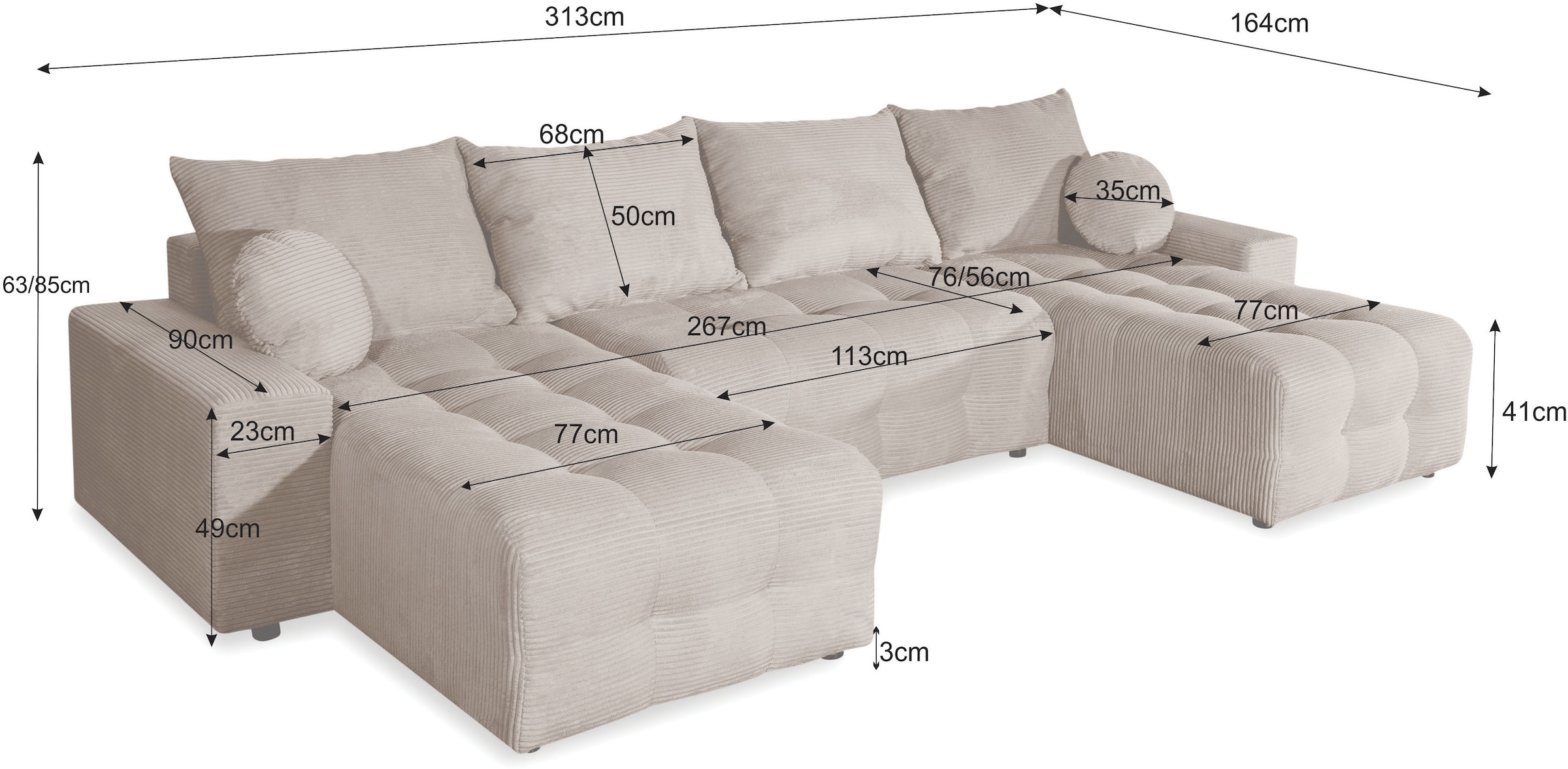 GOODproduct Wohnlandschaft »Jessy U-Form, B: 313 cm, in Cord & weiteren Bezügen« Schlaffunktion, Bettkasten, Tonnentaschenfederkern-Polsterung
