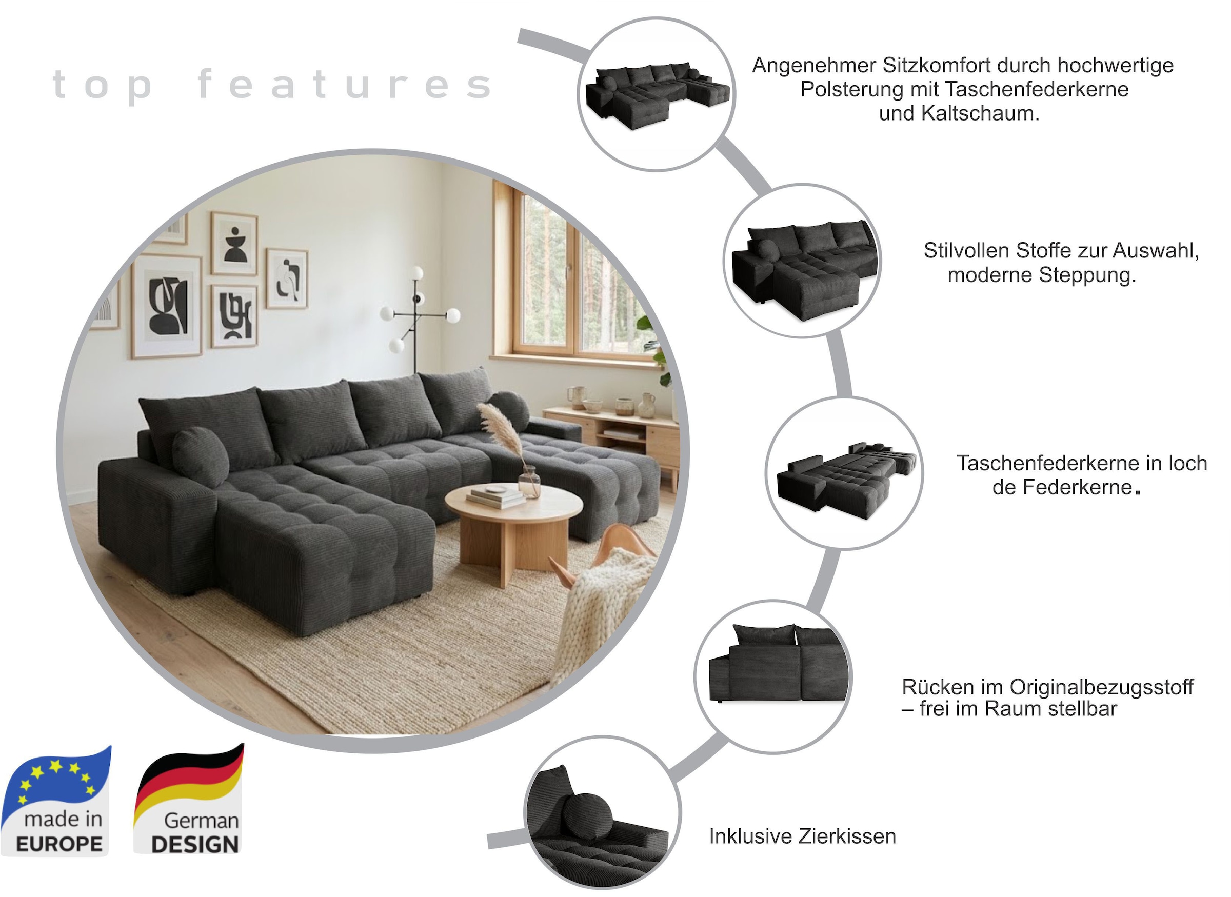 GOODproduct Wohnlandschaft »Jessy U-Form, B: 313 cm, in Cord & weiteren Bezügen« Schlaffunktion, Bettkasten, Tonnentaschenfederkern-Polsterung