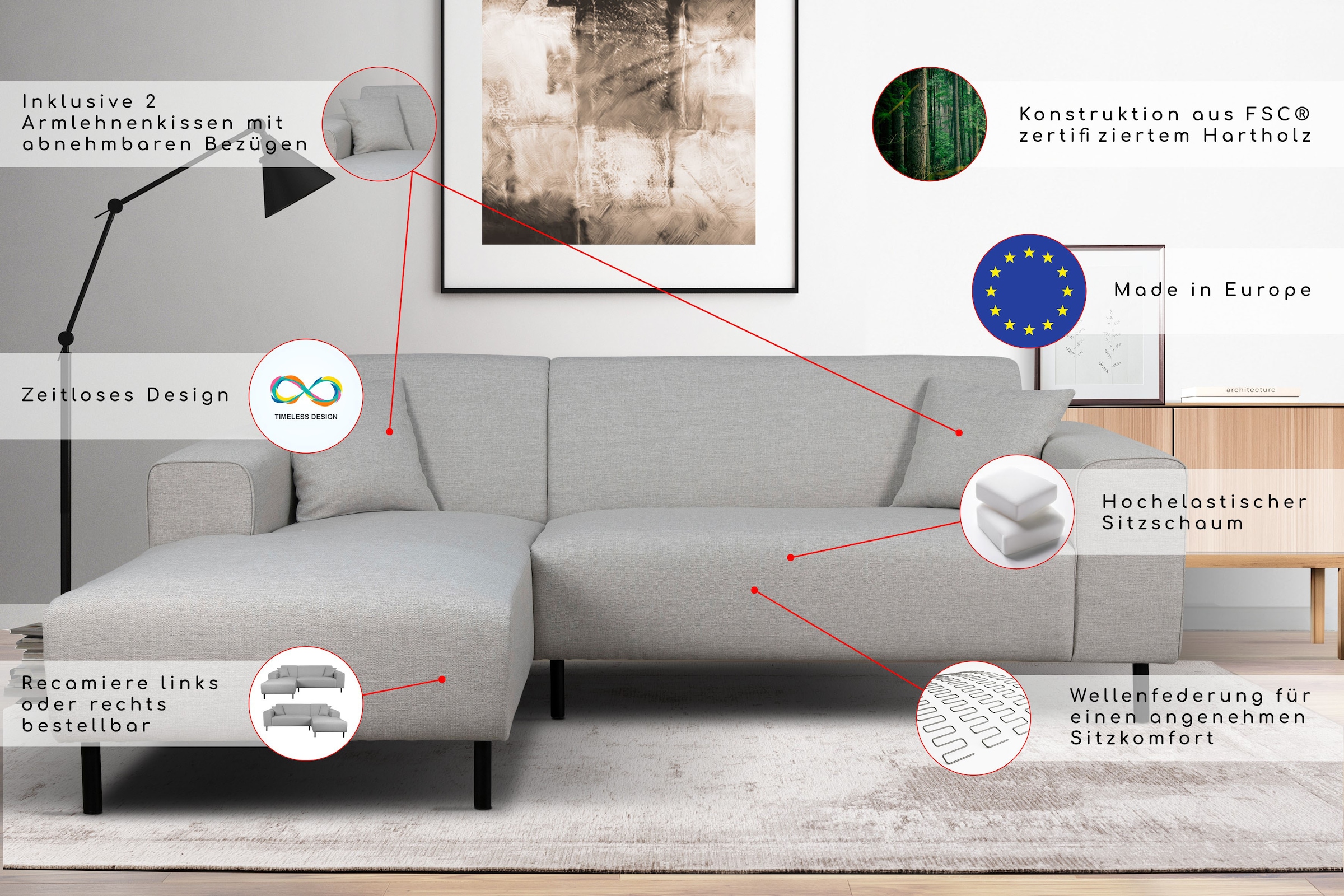 Home affaire Canapé d'angle »ARROS L-Form mit Wellenunterfederung, Masse B/T/H: 235/163/81 cm« incl. Zierkissen, mit Recamiere rechts/links bestellbar, auch in Cord