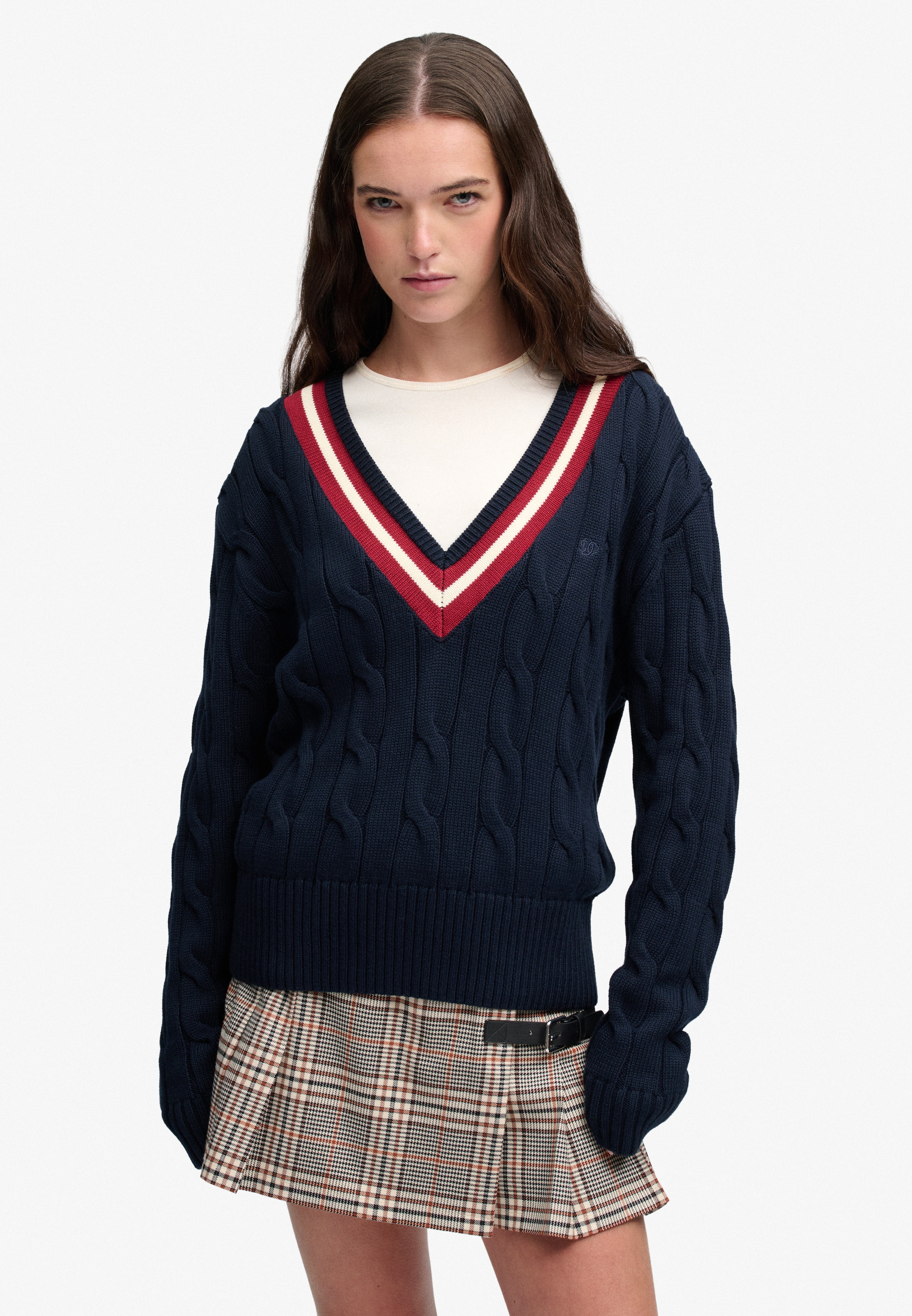 Superdry V-Ausschnitt-Pullover »CLASSIC CABLE CRICKET KNIT« Baumwolle, loose fit