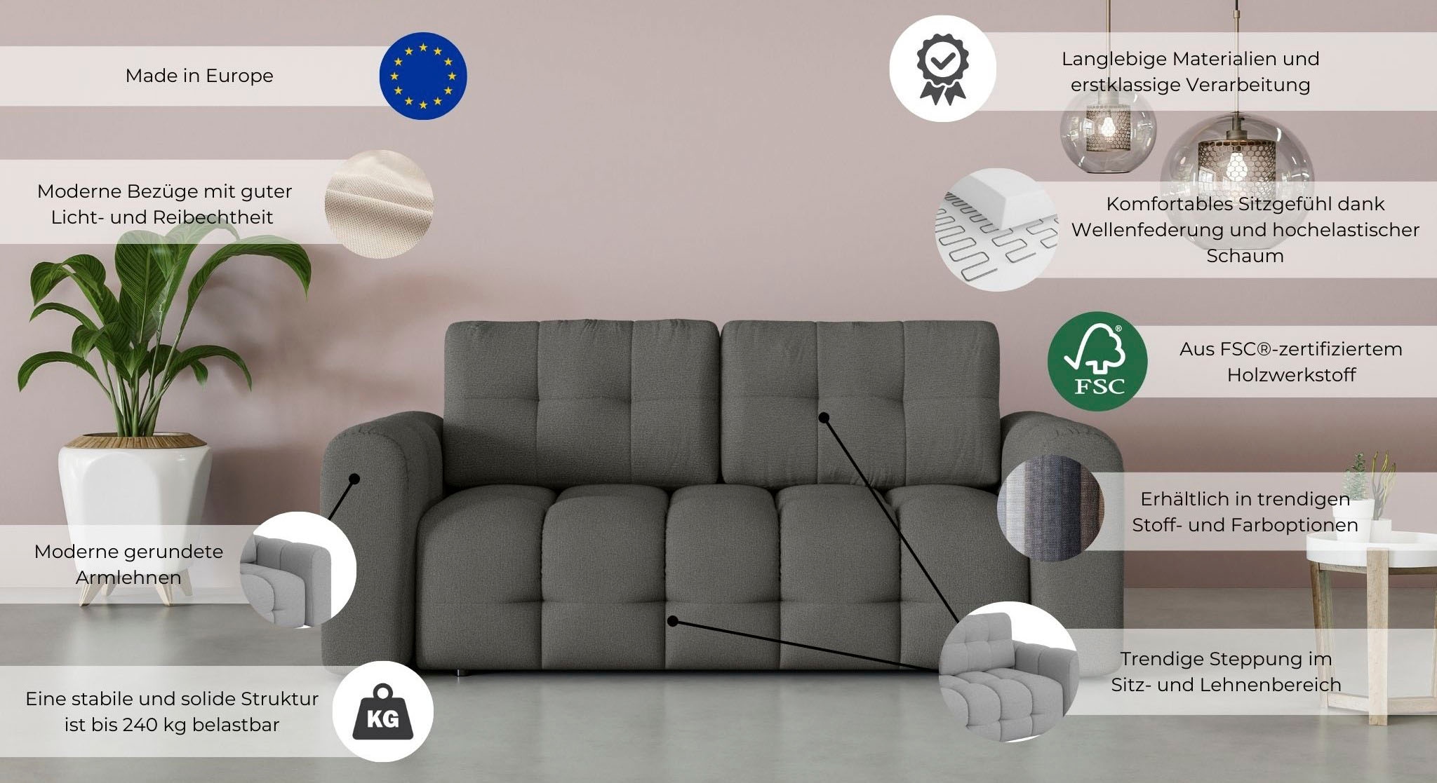 GOODproduct 2-places »Manilla, trendige Steppung, 2 Rückenkissen, B/T/H 195/107/91 cm« mit Wellenunterfederung, in verschiedenen Materialien und Farben