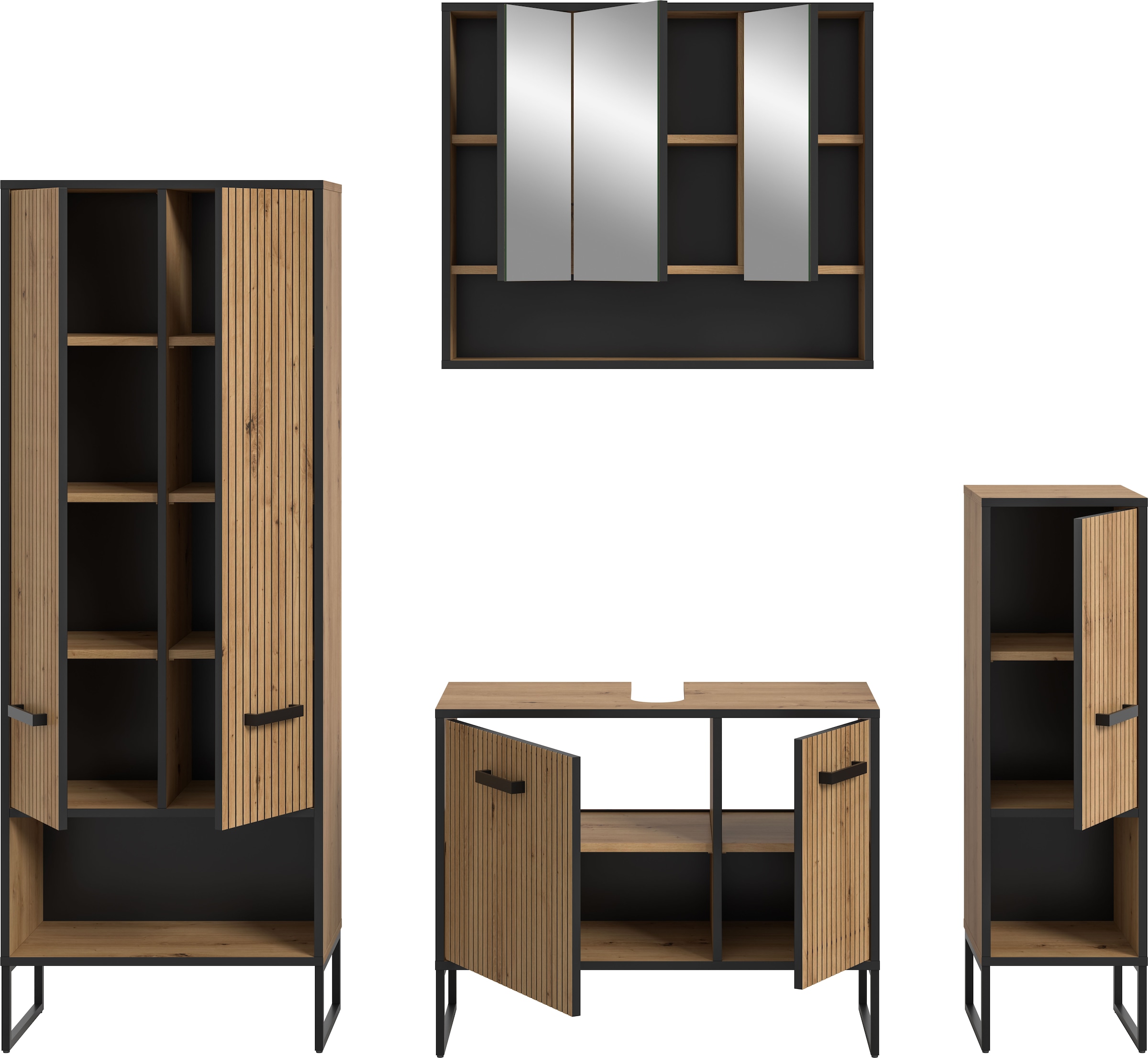 welltime Badmöbel-Set »LOCRI, 4-tlg. Badkombination, Breite 199 cm, Rillenoptik, Metallkufen« bestehend aus: Hochschrank, WBU, Spiegelschrank & Standschrank, 4 Stk. tlg.