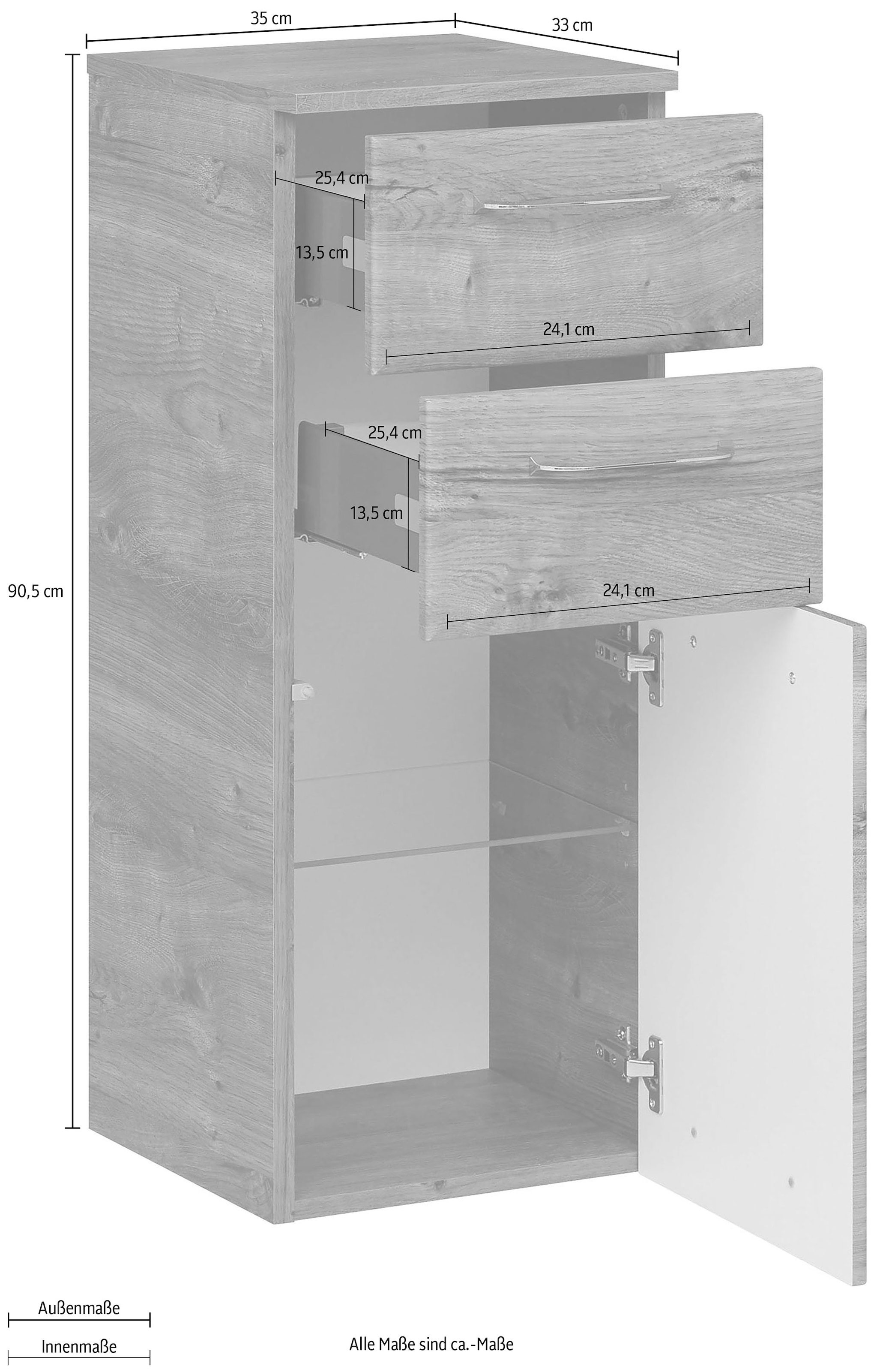 Saphir Armoire basse »Quickset Badschrank mit 1 Tür und 2 Schubladen, 35 cm breit« meuble bas de salle de bain incl. amortisseur de porte, poignées chromées brillantes