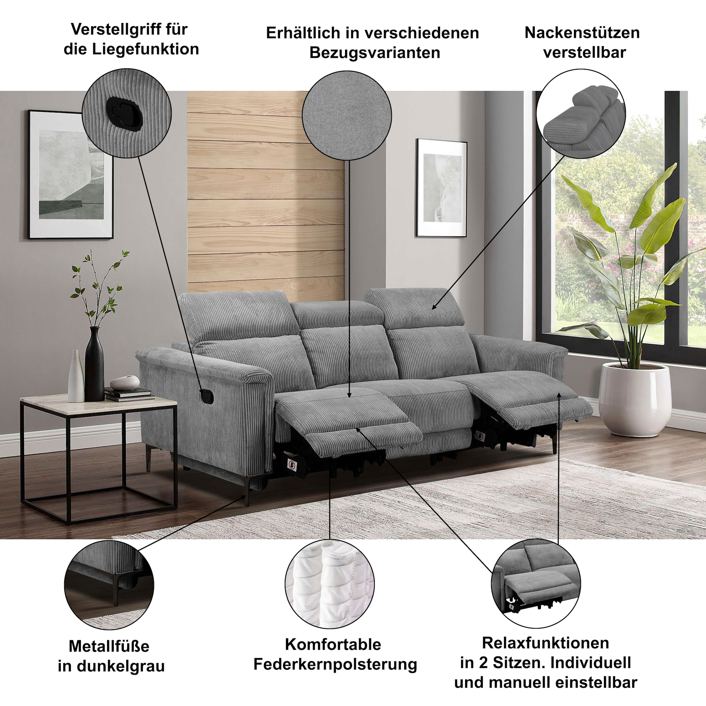 Home affaire 3-places »Lund, mit manueller und elektrischer Relaxfunktion« in 2 Sitzen (links u. rechts), USB-C, Echtleder, Kunstleder, Webstoff,