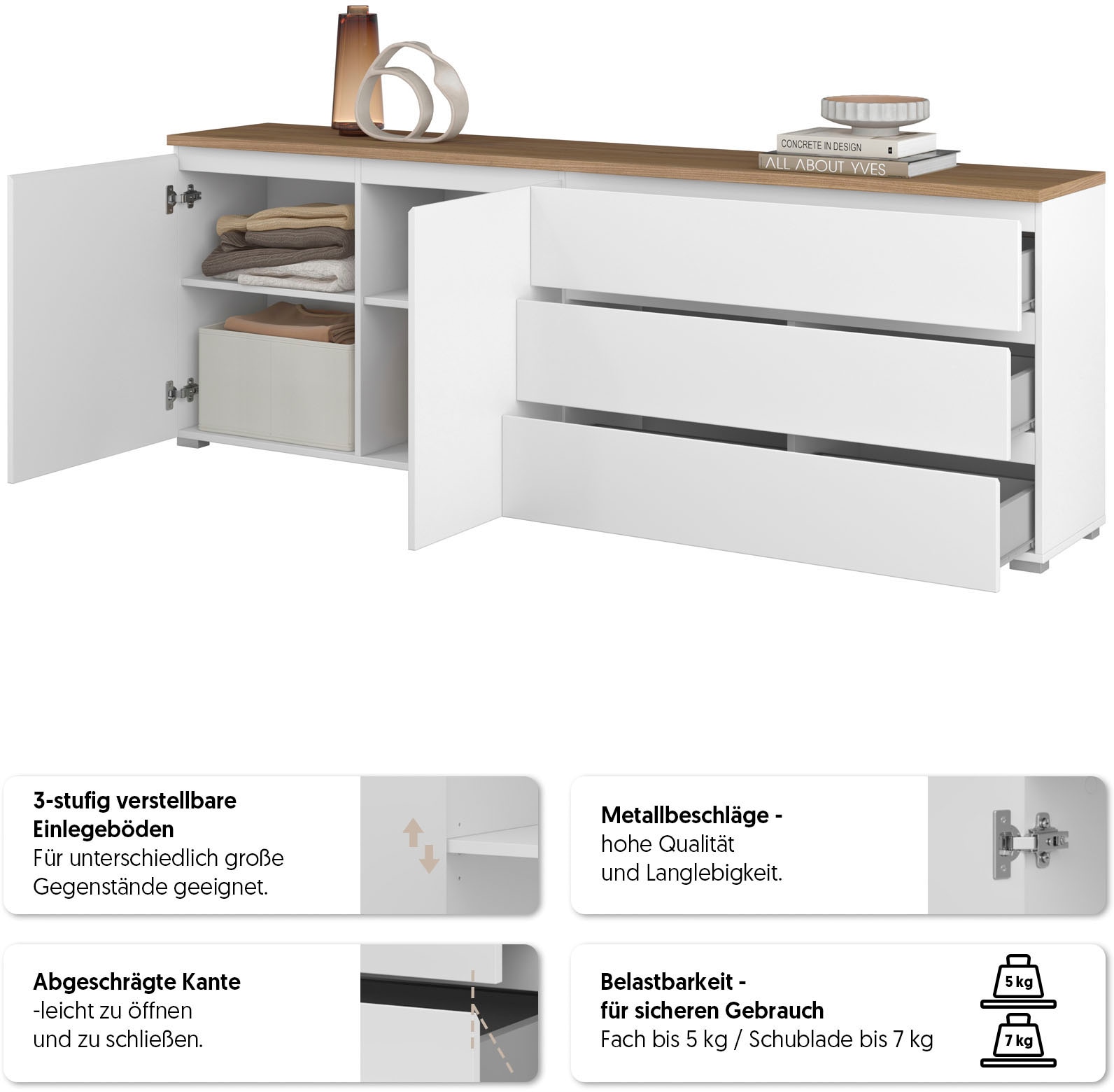 INOSIGN Sideboard »Modo, Breite 200 cm, moderne grifflose Kommode 2Türen/3 SK« Schubladenkommode mit viel Stauraum, Einlegeböden verstellbar