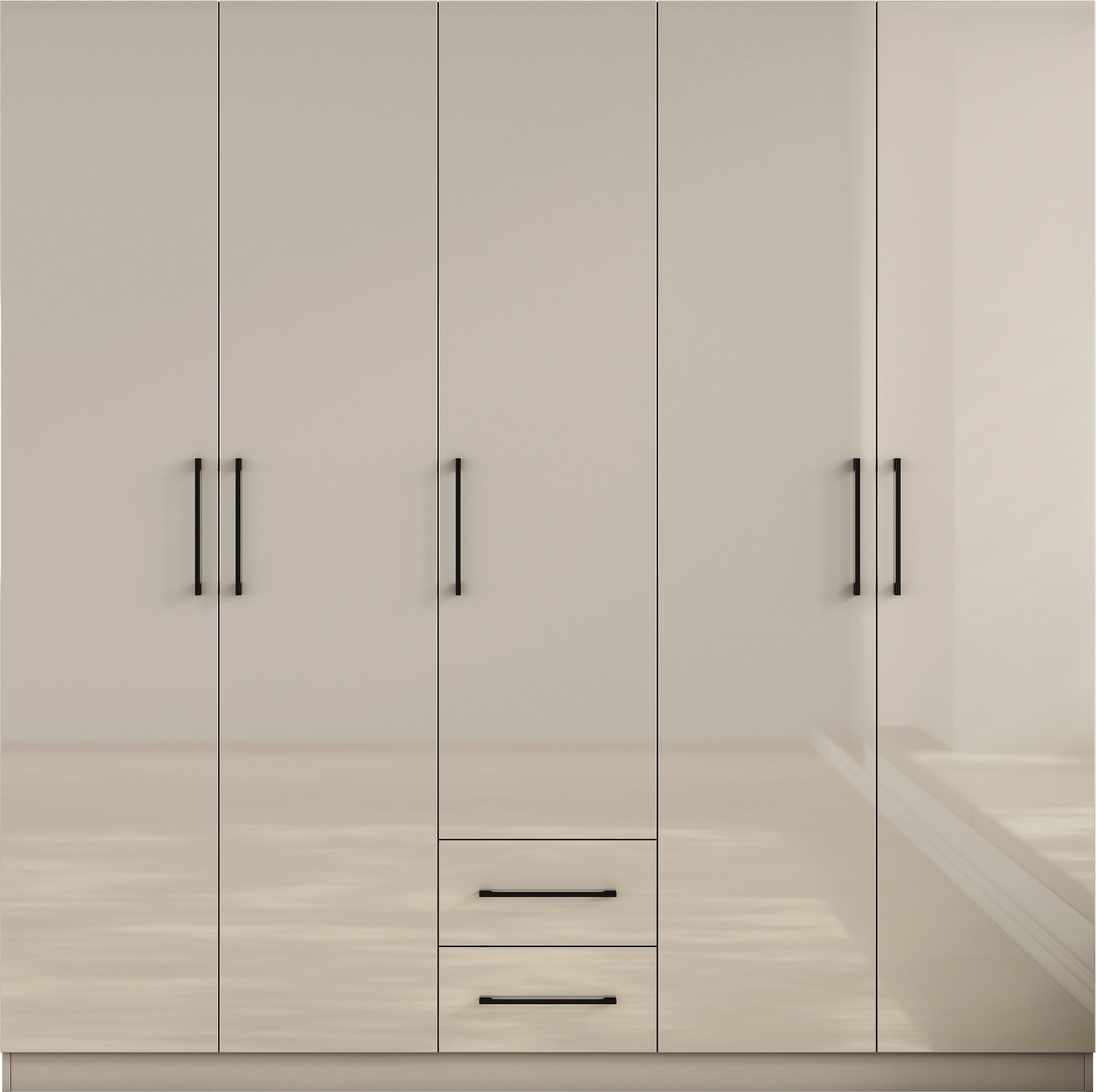 GOODproduct Armoires à vêtements »Sylt Schlafzimmerschrank Garderobe Schrank  in hochglanz weiss« 5 portes, 2 tiroirs, poignées noires modernes, 7 étagères,  Armoire à portes tournantes avec aménagement intérieur parfait, largeur 200cm
