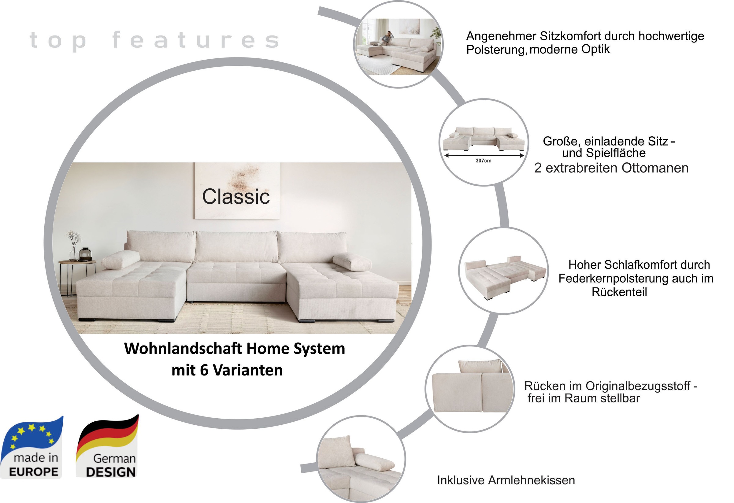 GOODproduct Paysage de salon »Home System U-Form, von B: 269-352 cm wählbar, 6 Varianten zur Auswahl« fonction lit, coffre-lit & coussins décoratifs, ressorts ensachés