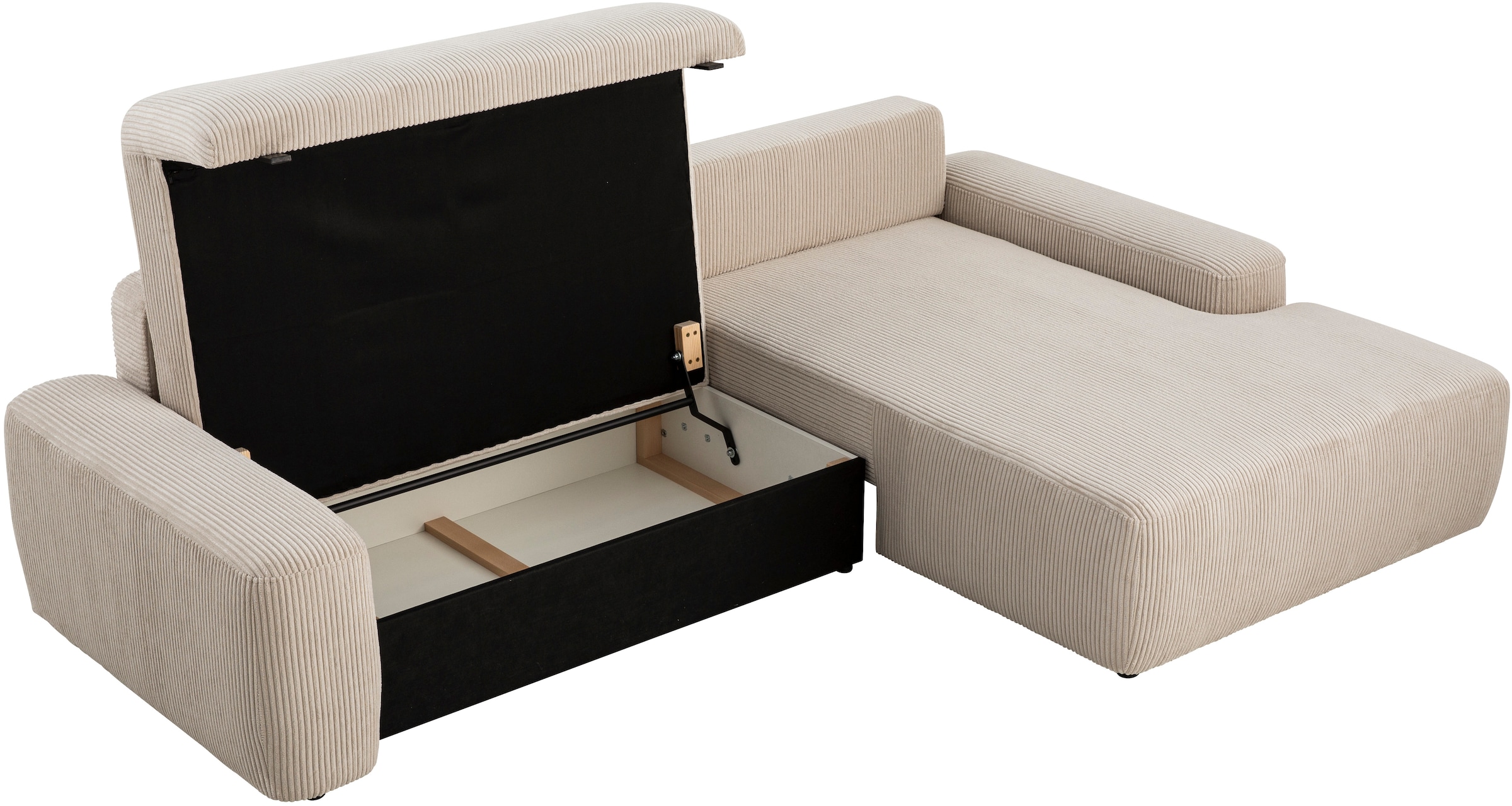 Home affaire Canapé d'angle »TORGE (264cm), Schlafsofa in Cord, Samtvelours o Struktur fein, L-Form« fonction couchage, coffre-lit, surface de couchage : 125/210 cm