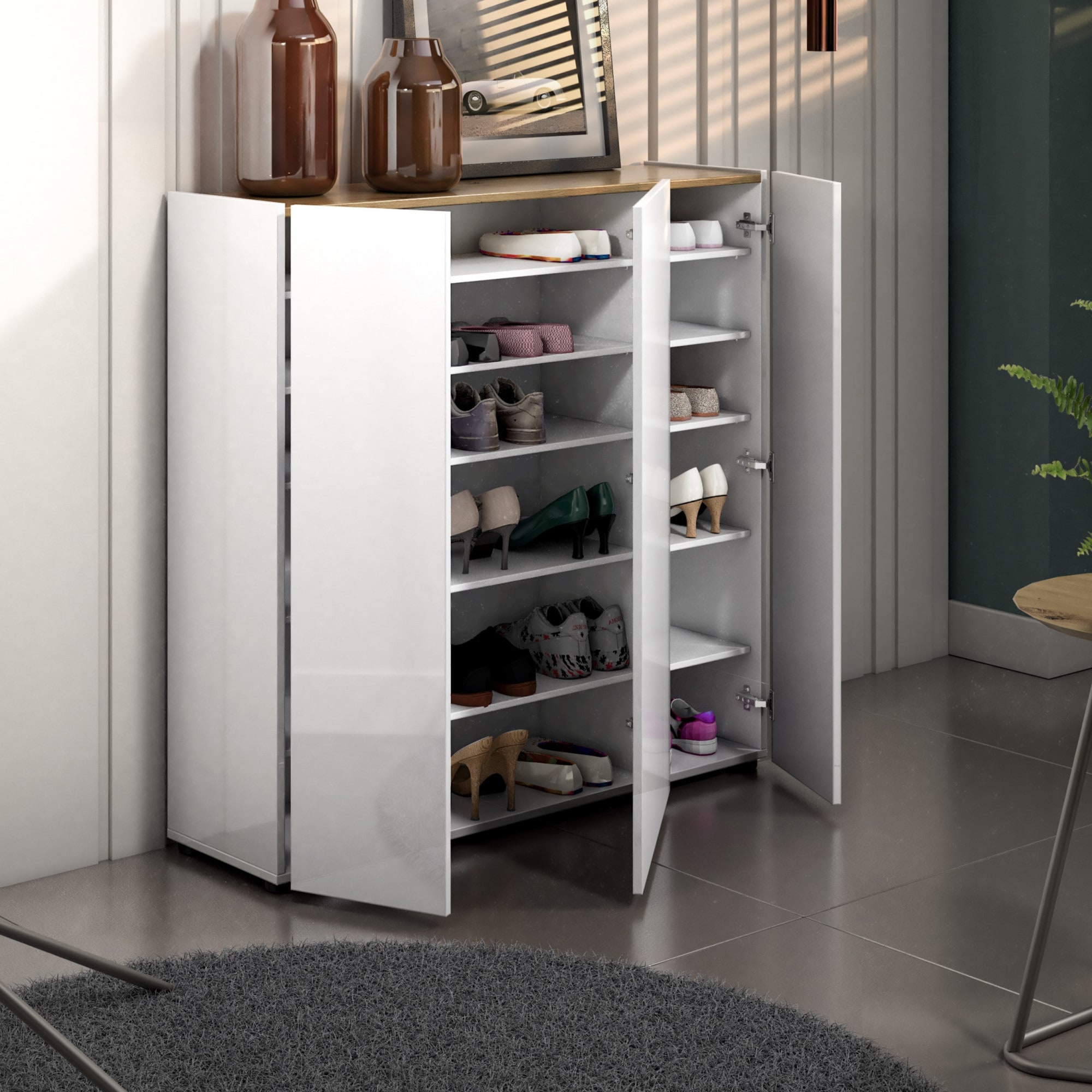 Home affaire Schuhschrank »RUMBA,Schuhkommode,Schuhmöbel,Schuhablage,Schuhregal ca.24 paar Schuhe« 1 Stk. tlg. 3 Türen, 10 Einlegeböden, 12 Fächer, Seiten und Fronten in Hochglanz