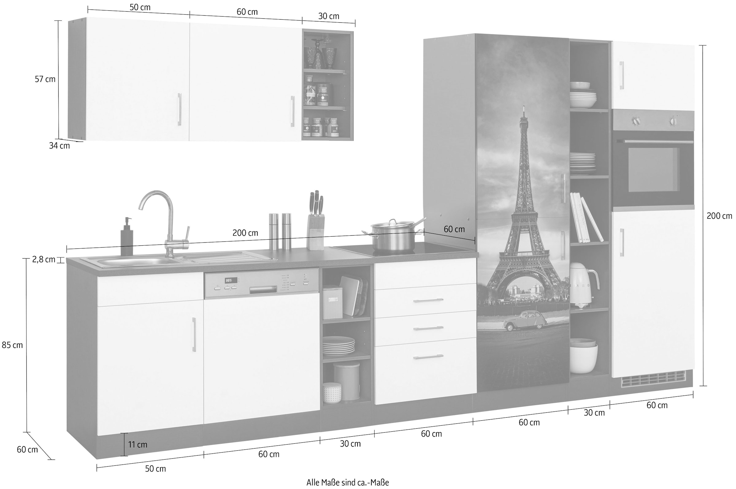 KOCHSTATION Küchenzeile »KS-Paris â€“ Küchen mit einzigartigen Fotomotiven auf den Fronten« Breite 350 cm, wahlweise mit E-Geräten und Induktion