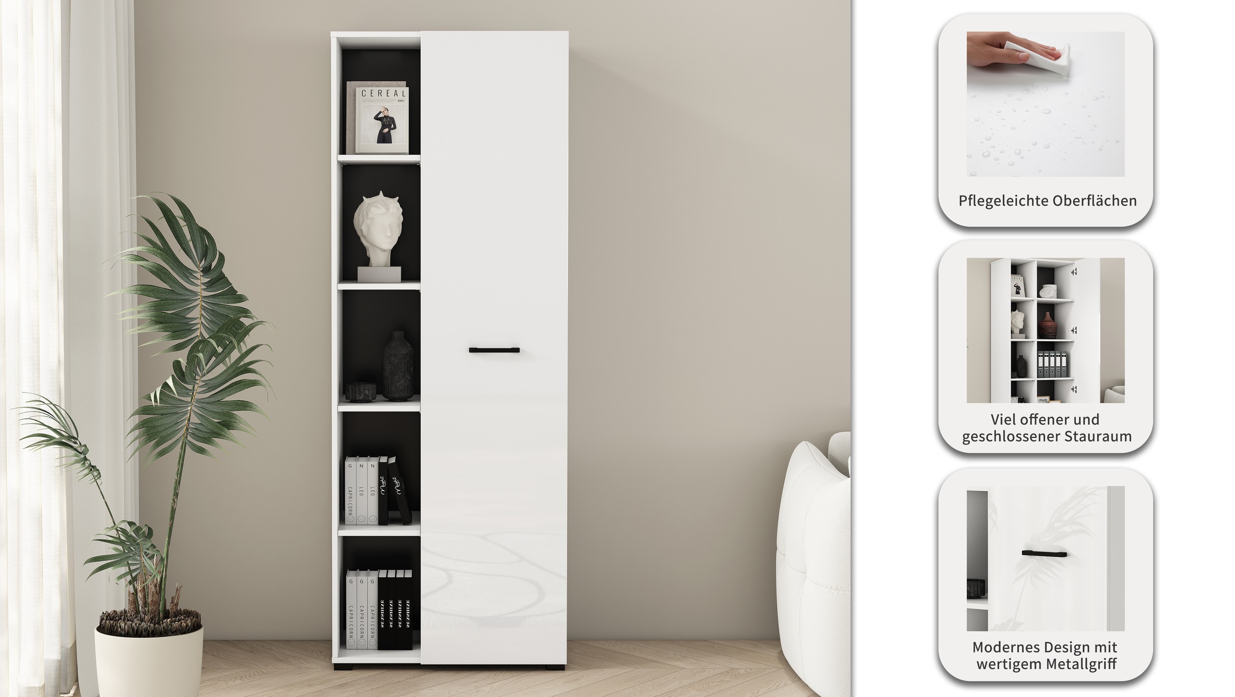 GOODproduct Armoire de classement »Moid, moderner Mehrzweckschrank,« Masse: 64,5x41,5x175 cm, 5 Fächer mit viel Stauraum
