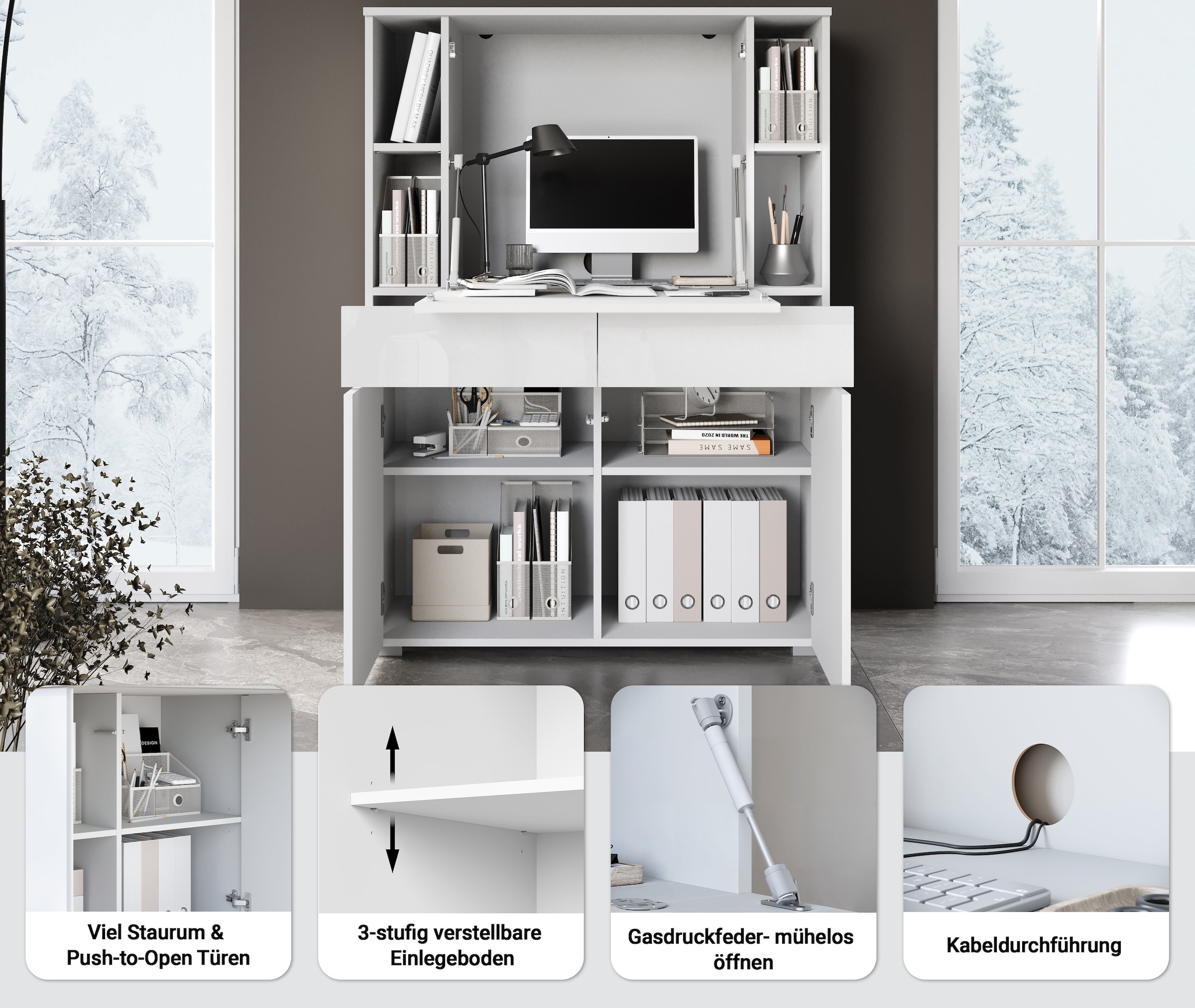 GOODproduct Secrétaire »Paris, Moderner PC-Schrank mit klappbarer Arbeitsfläche« 1 cuis tlg. 2 tiroirs, push-to-open et étagères réglables, largeur 90 cm