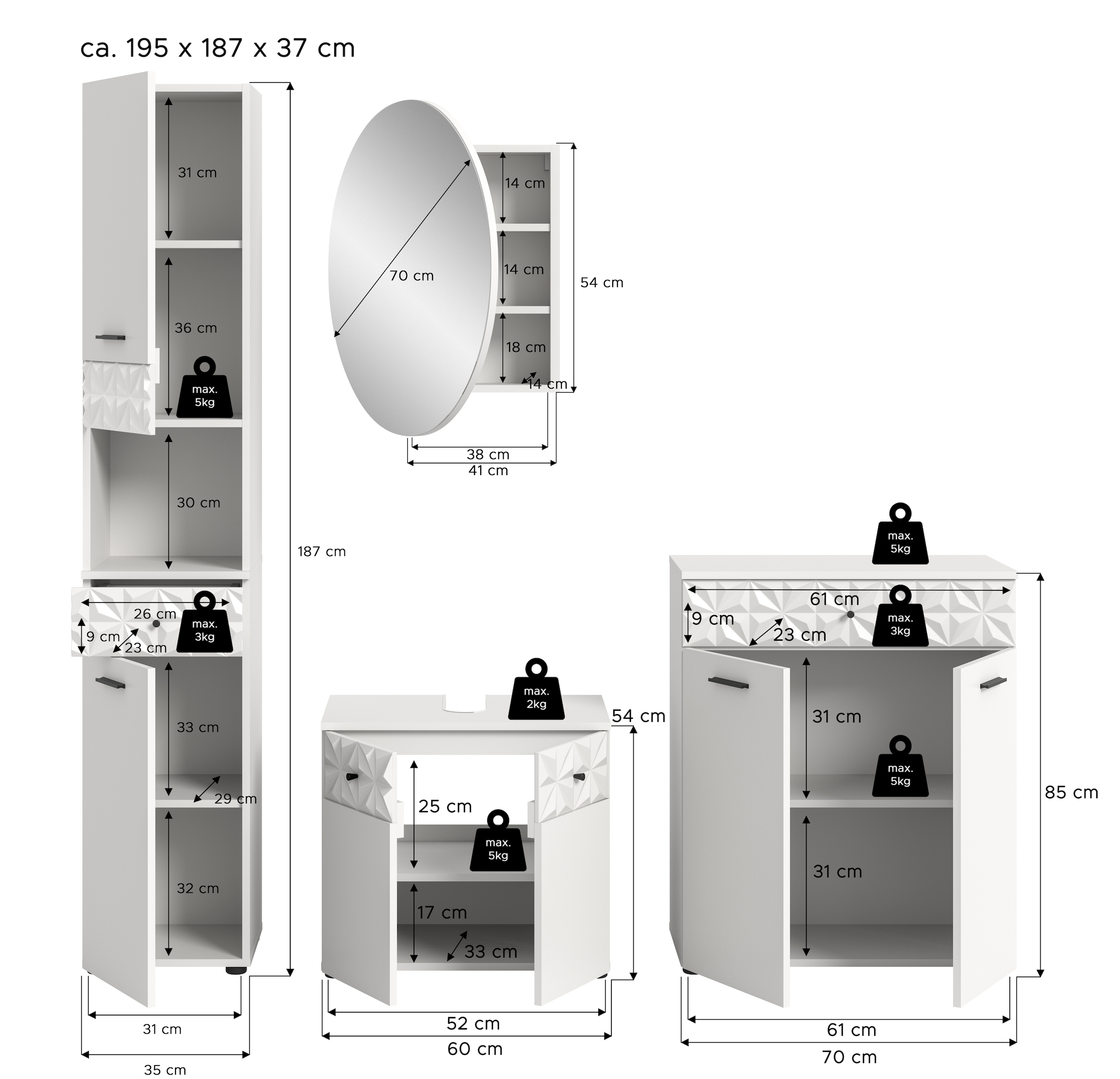 INOSIGN Badezimmer-Set »VICENZA, TOPSELLER!, Breite 195cm, 4-teilig, mit Ornamentabsetzung« Hochschrank, Waschbeckenunterschrank, Spiegelschrank & Unterschrank, 