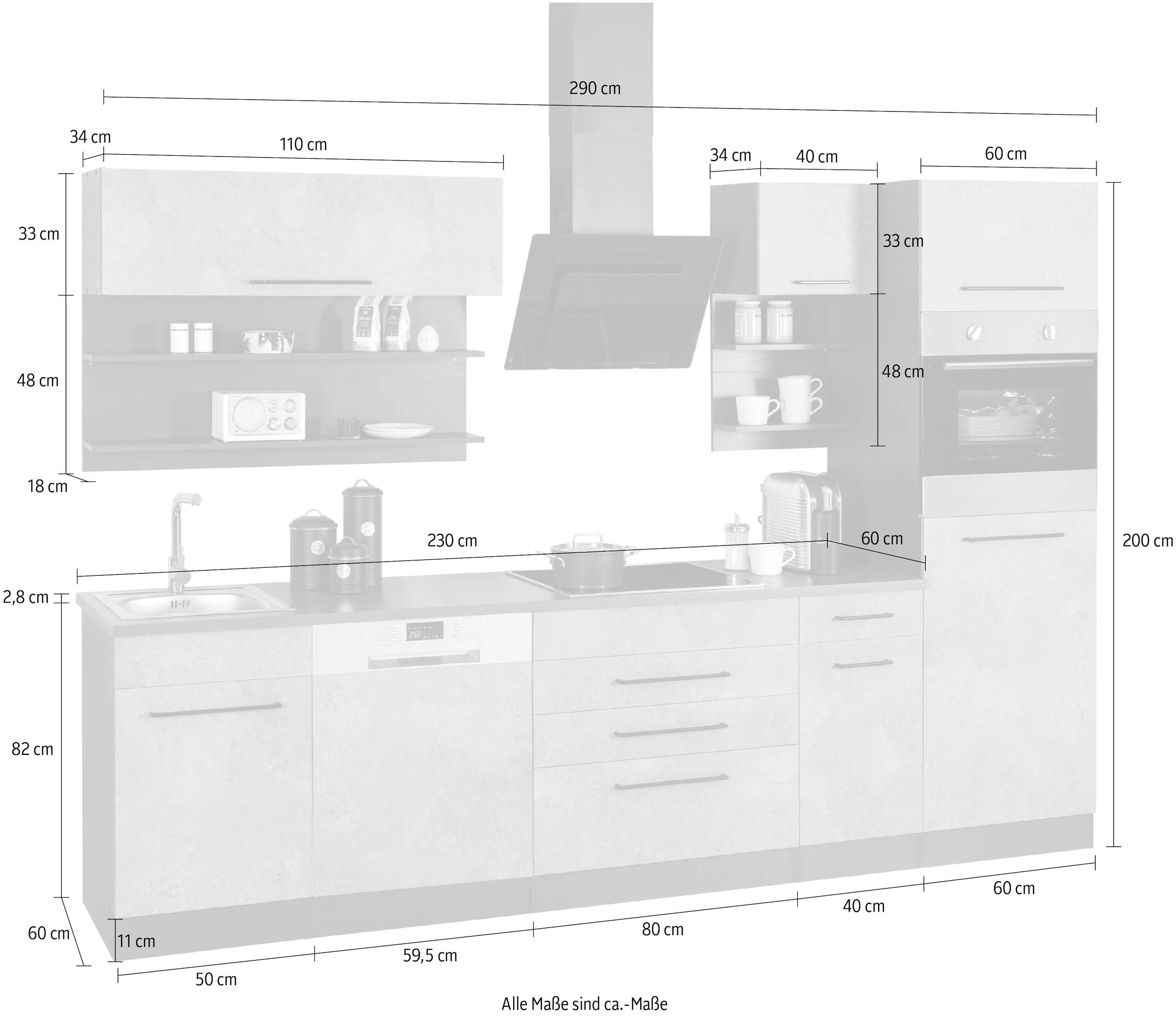 KOCHSTATION Küchenzeile »KS-Tulsa« ohne E-Geräte, Breite 290 cm, schwarze Metallgriffe, MDF Fronten