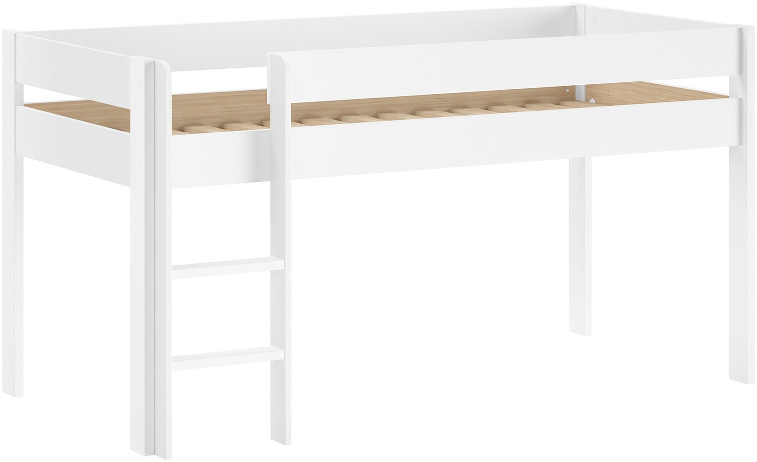 Vipack Lit de jeu »Primo, mit umlaufenden Absturzschutz, Leiter recht/links montierbar« Pin massif laqué blanc, 90x200 cm incluant sommier à lattes déroulantes