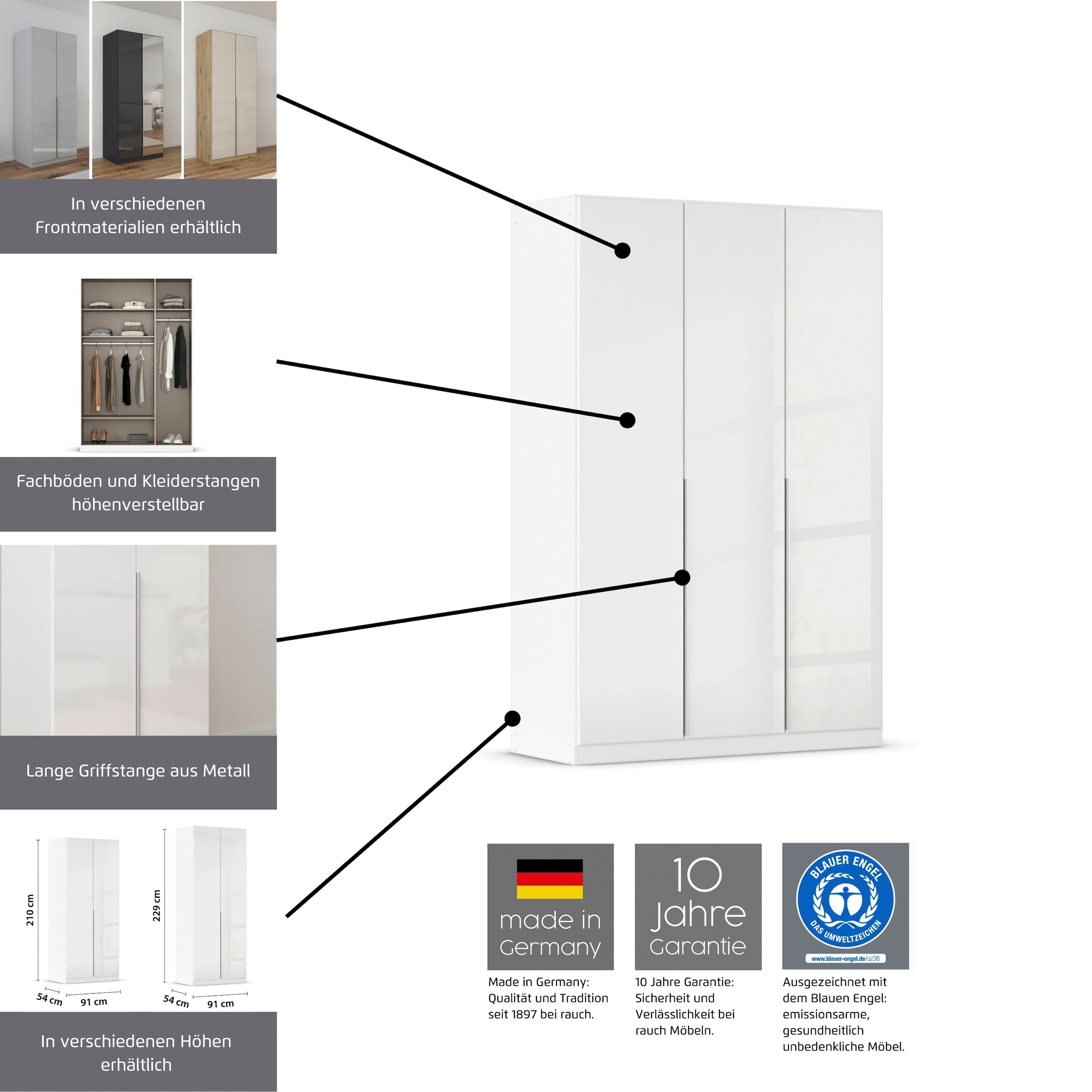 GOODproduct Drehtürenschrank »Kleiderschrank Schrank Garderobe AGORDO mit Dekor- oder Hochglanzfront« in zwei Griff-Farben, Breiten 91-405 cm,  durchdachte Innenausstattung, in 8 Breiten und 2 Höhen MADE IN GERMANY