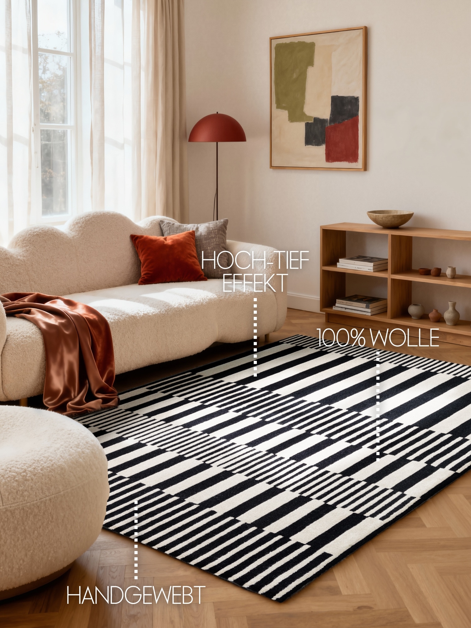 ELLE DECORATION Wollteppich »Pulse« rechteckig 12 mm Höhe Wolle, Natur, Wohnzimmer, schwarz weiss, Modern, Geometrisch, Streifen